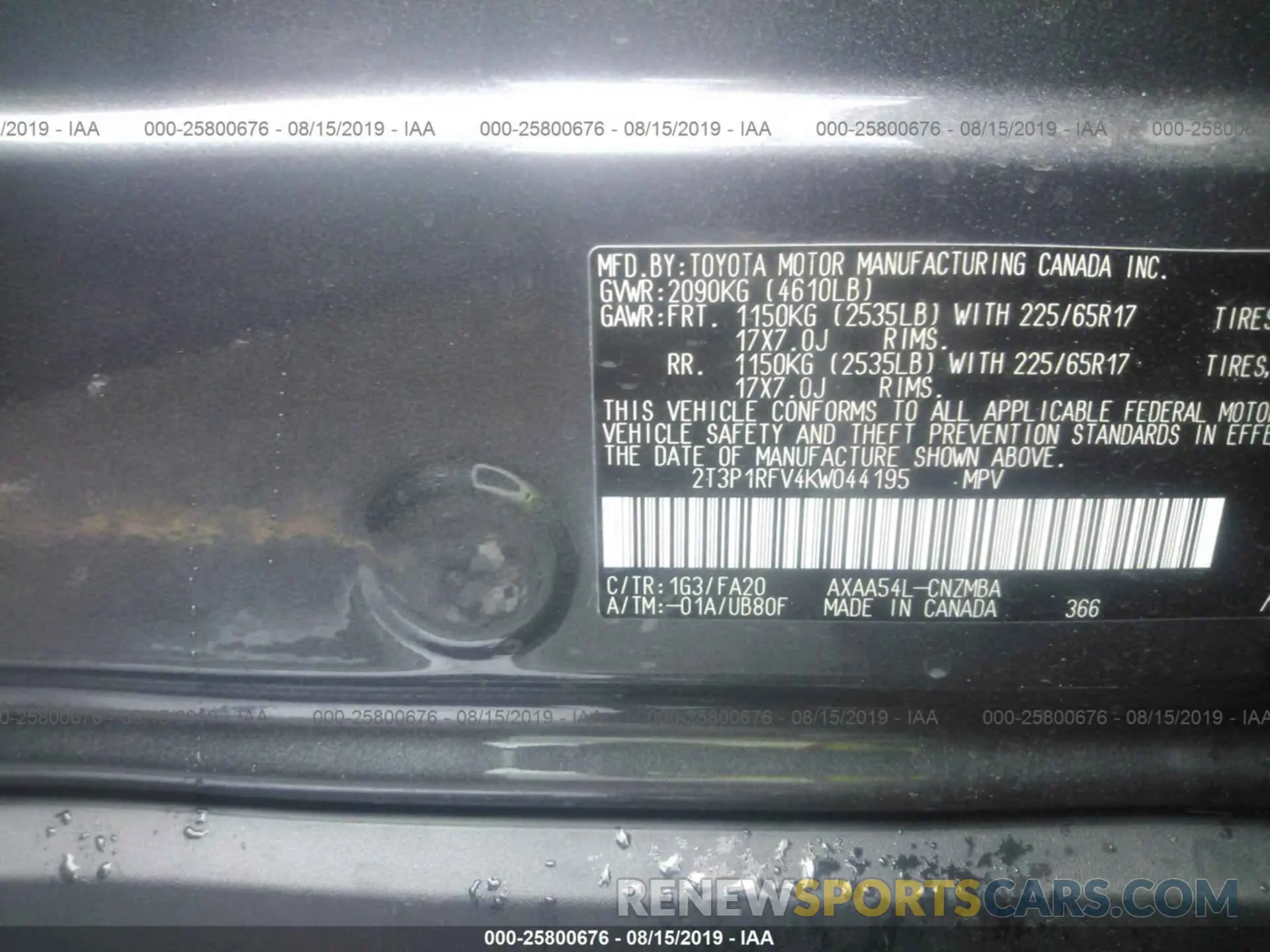 9 Photograph of a damaged car 2T3P1RFV4KW044195 TOYOTA RAV4 2019