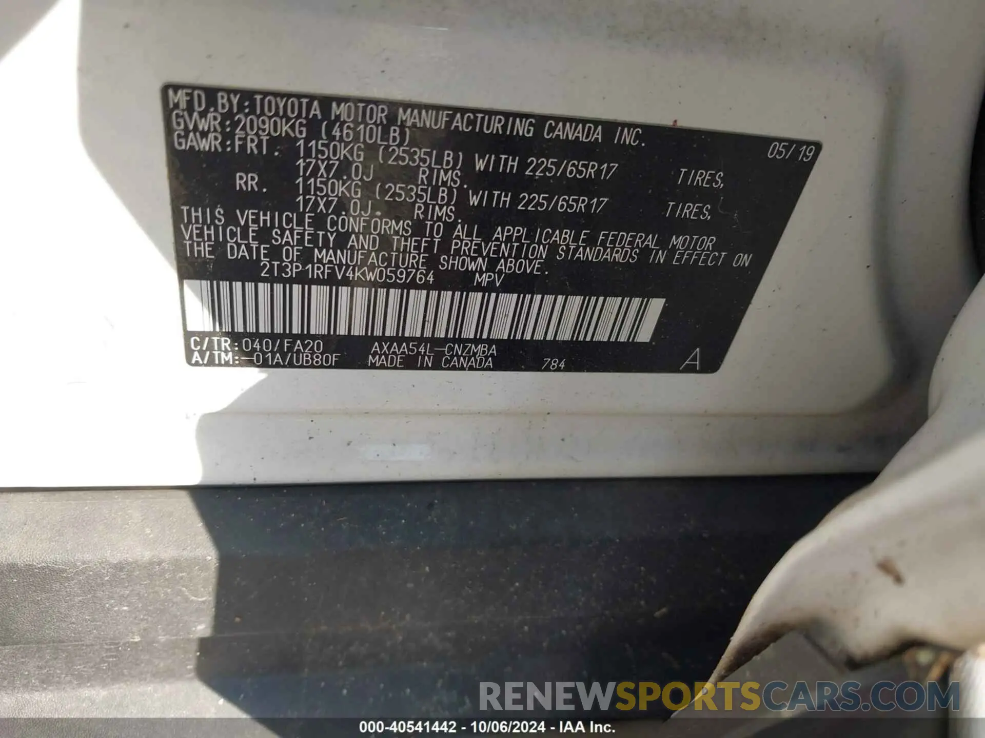 9 Photograph of a damaged car 2T3P1RFV4KW059764 TOYOTA RAV4 2019