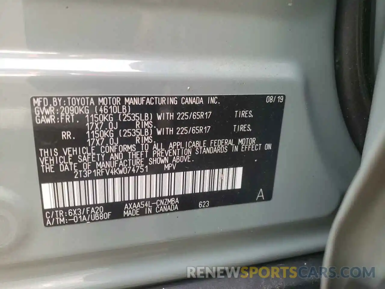 10 Photograph of a damaged car 2T3P1RFV4KW074751 TOYOTA RAV4 2019