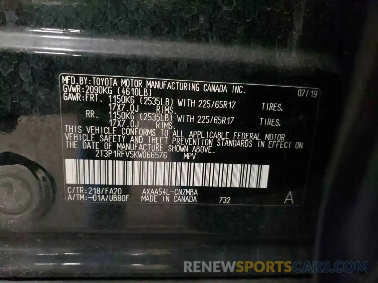 10 Photograph of a damaged car 2T3P1RFV5KW066576 TOYOTA RAV4 2019