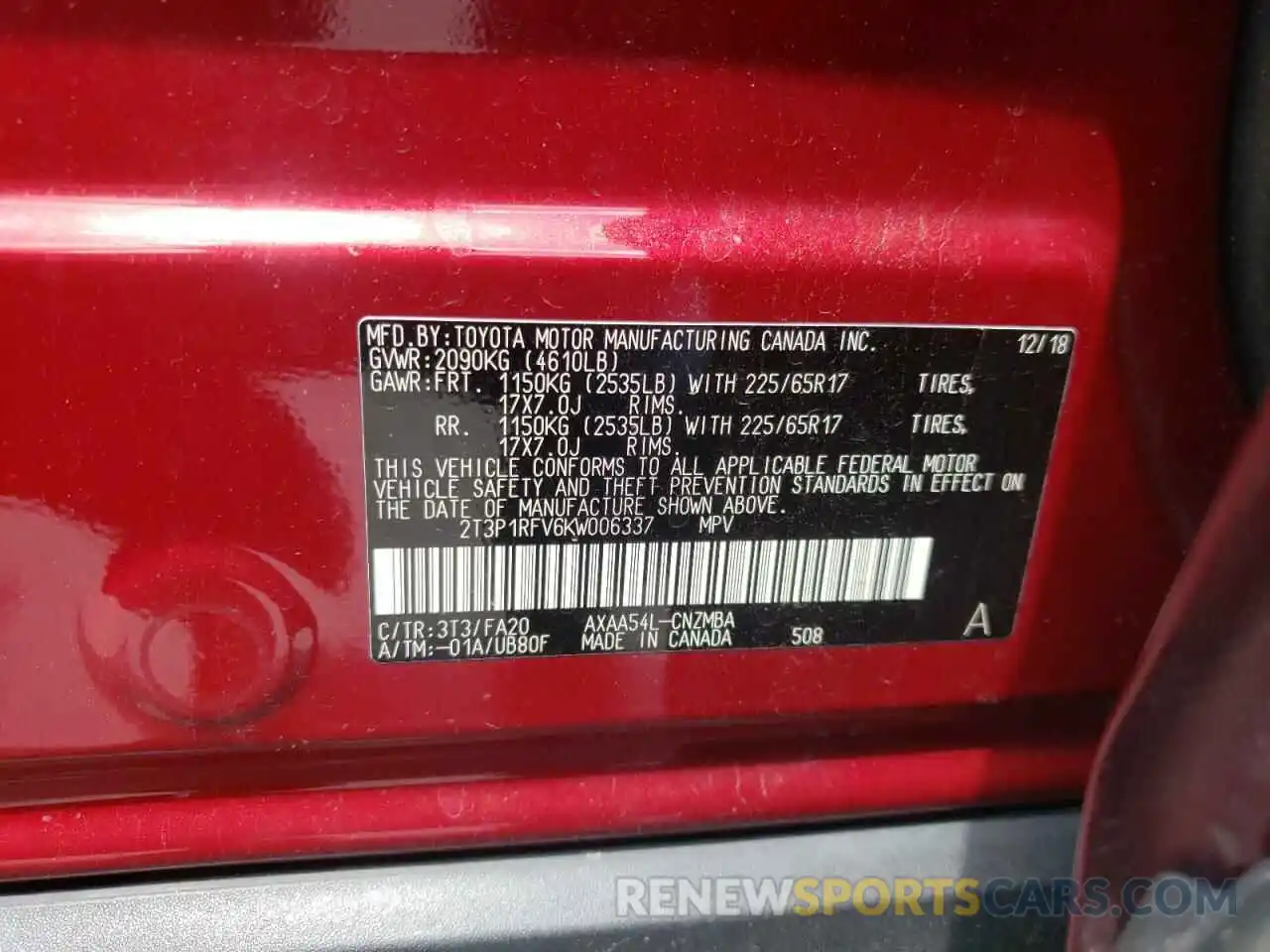 10 Photograph of a damaged car 2T3P1RFV6KW006337 TOYOTA RAV4 2019