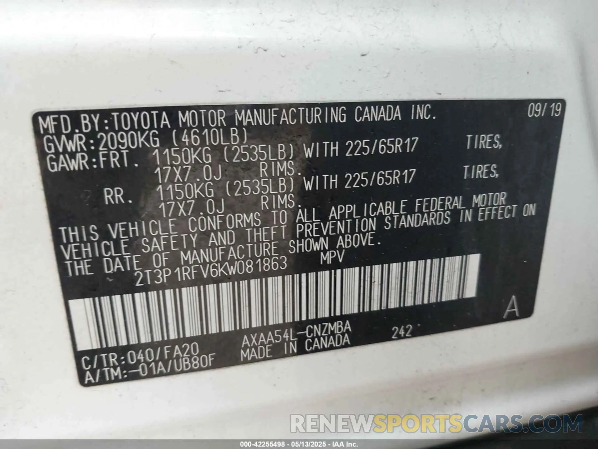9 Photograph of a damaged car 2T3P1RFV6KW081863 TOYOTA RAV4 2019