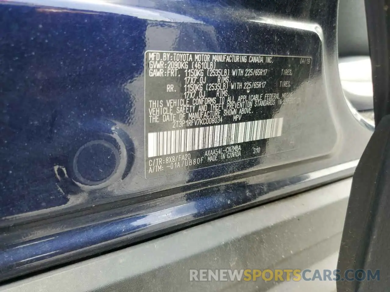 13 Photograph of a damaged car 2T3P1RFV7KC008034 TOYOTA RAV4 2019