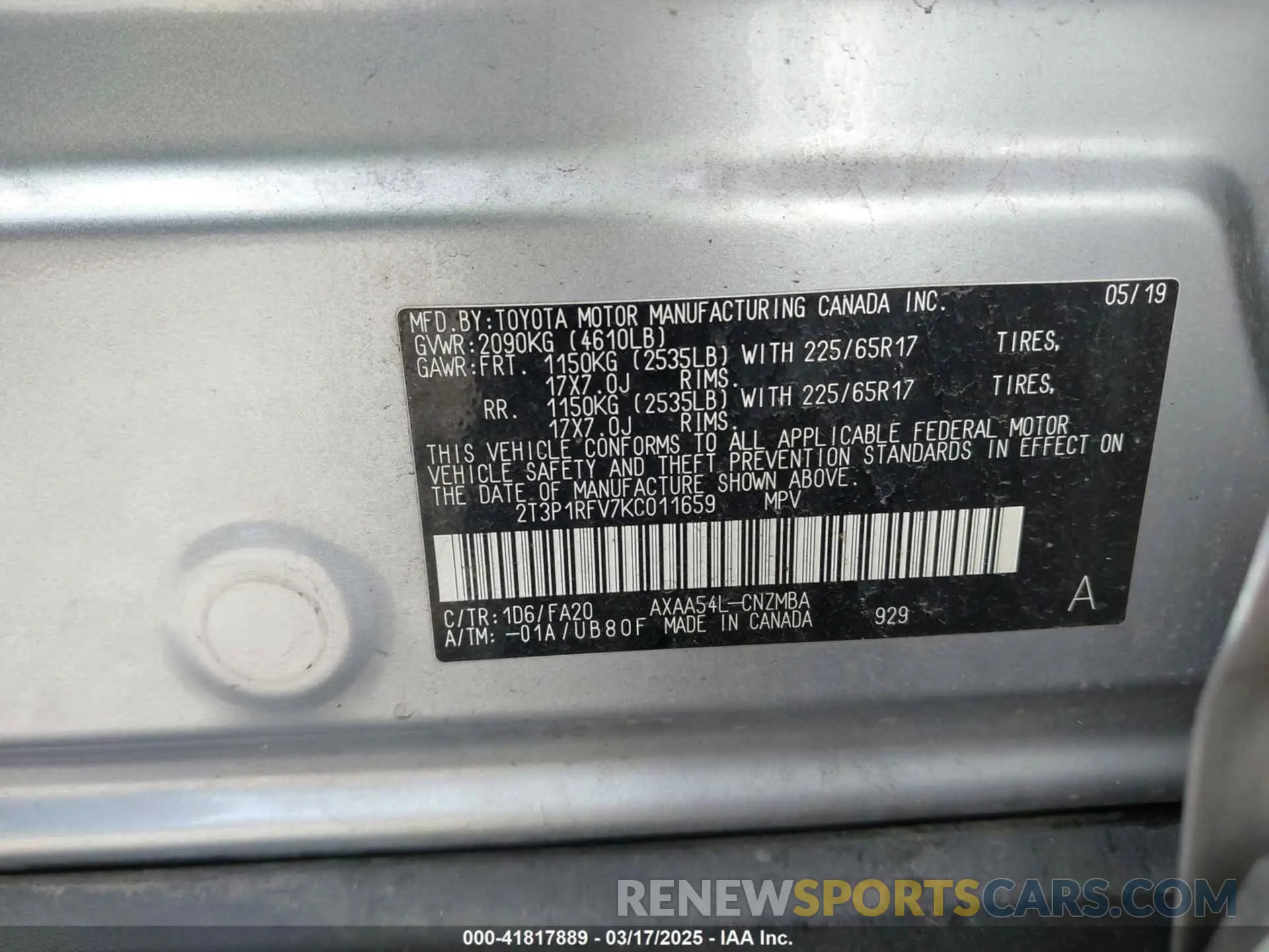 9 Photograph of a damaged car 2T3P1RFV7KC011659 TOYOTA RAV4 2019