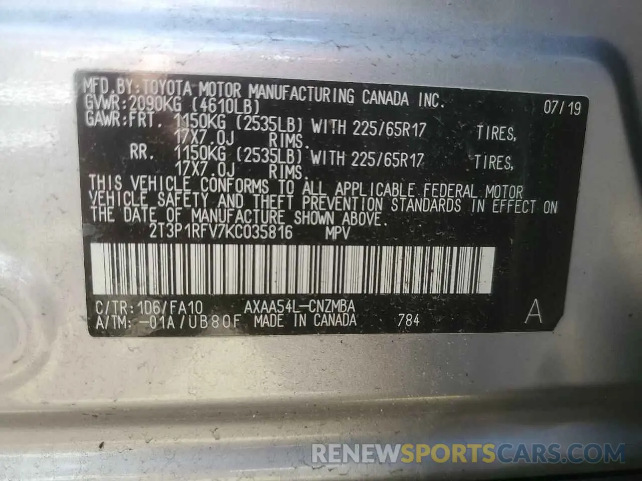 14 Photograph of a damaged car 2T3P1RFV7KC035816 TOYOTA RAV4 2019