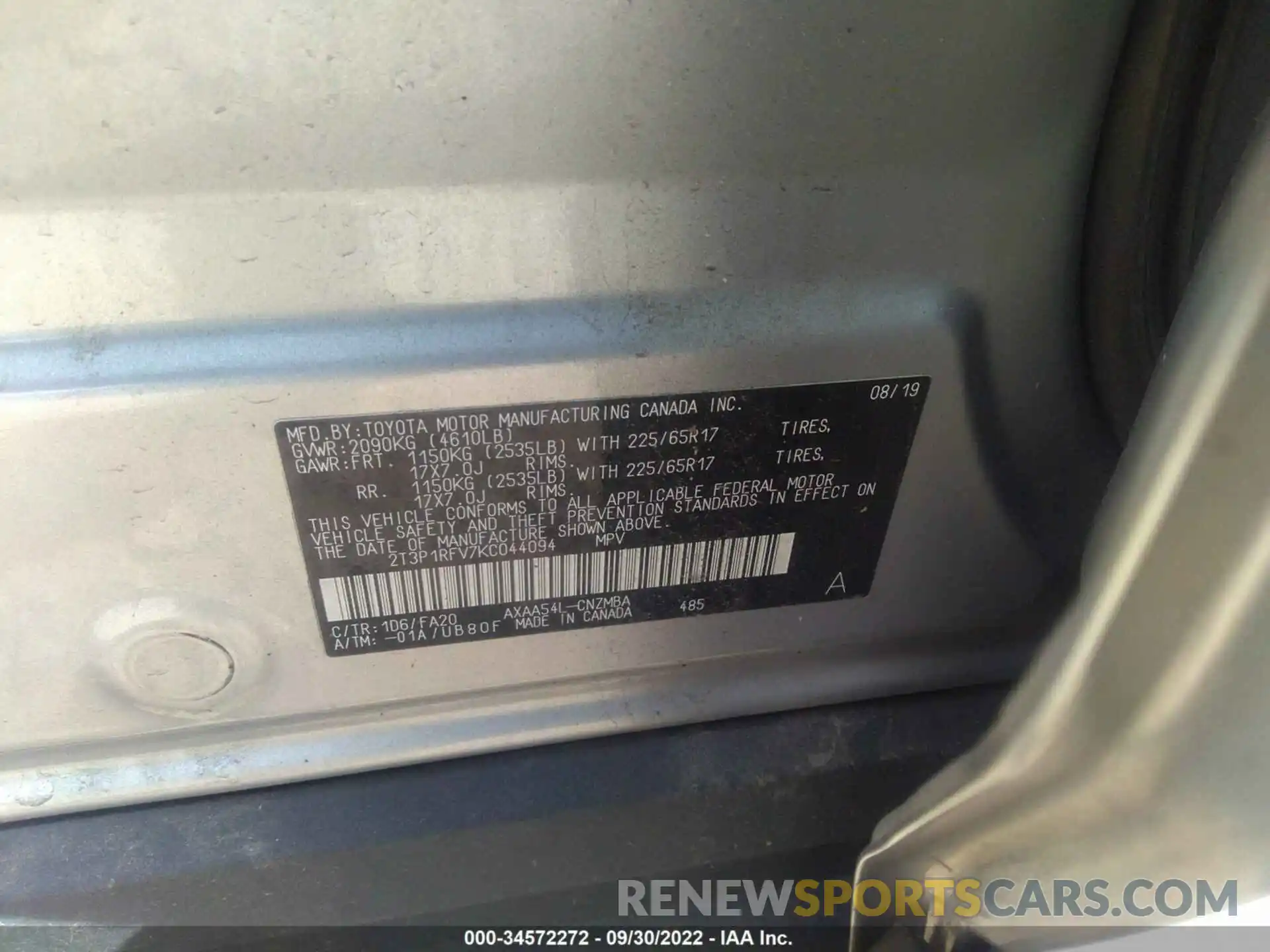 9 Photograph of a damaged car 2T3P1RFV7KC044094 TOYOTA RAV4 2019