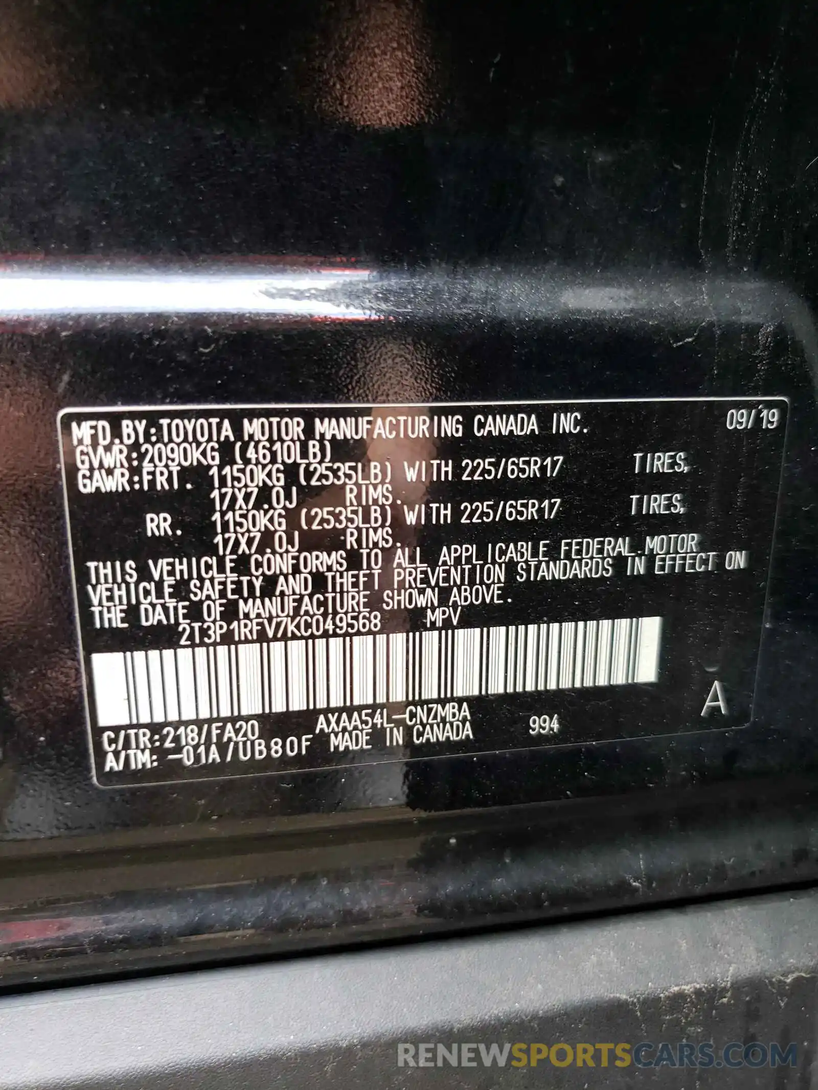 10 Photograph of a damaged car 2T3P1RFV7KC049568 TOYOTA RAV4 2019