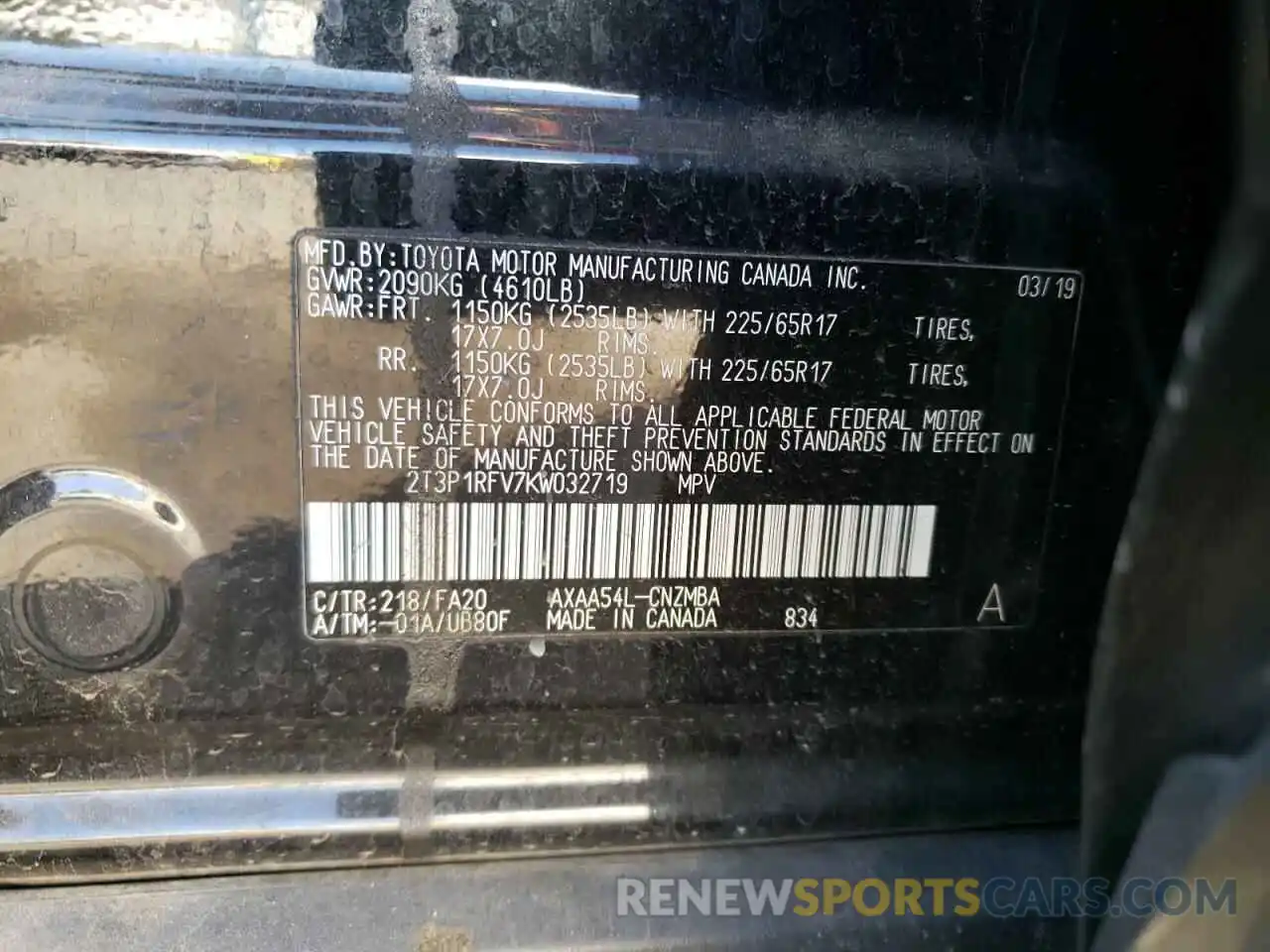 10 Photograph of a damaged car 2T3P1RFV7KW032719 TOYOTA RAV4 2019