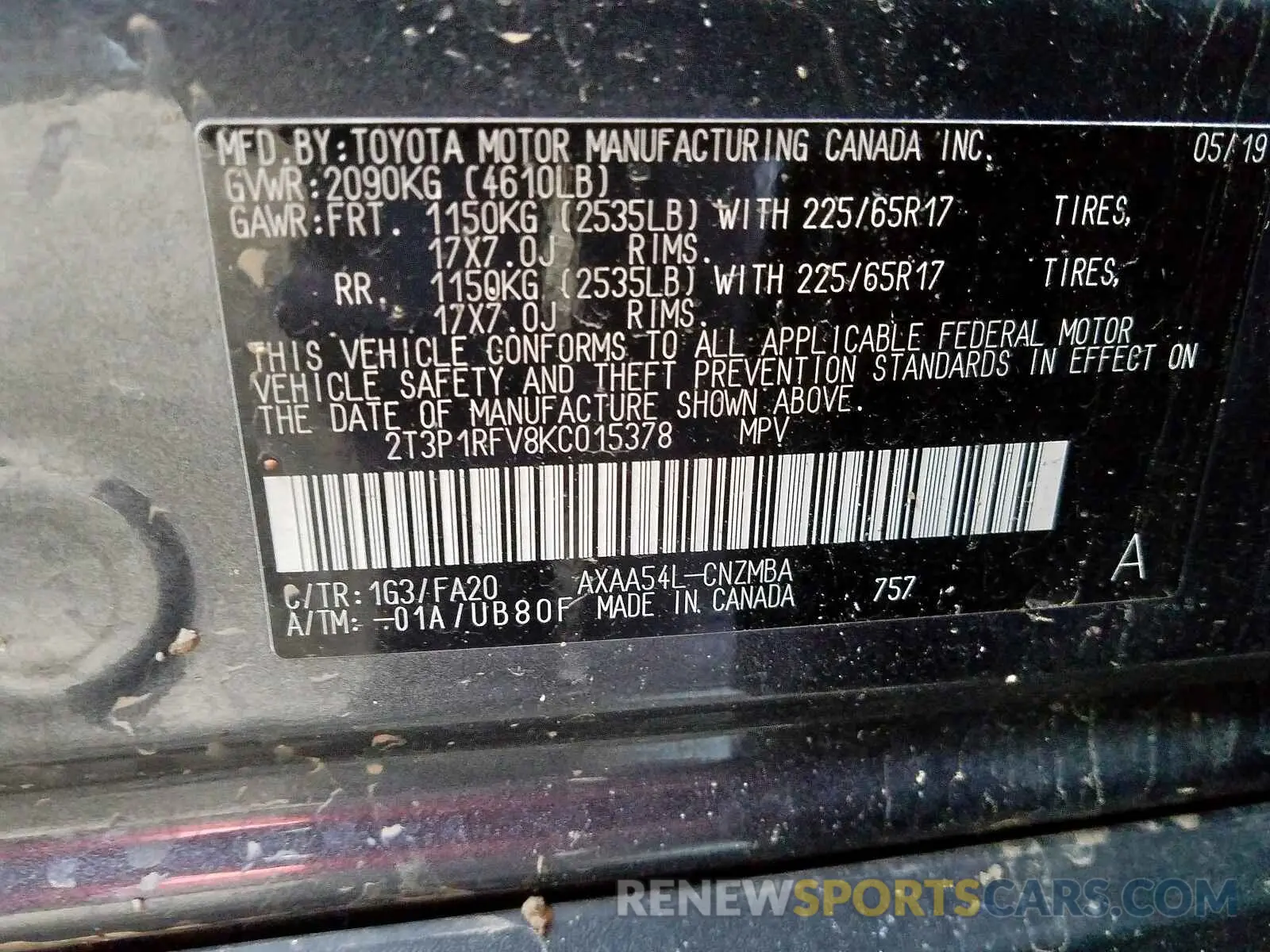 10 Photograph of a damaged car 2T3P1RFV8KC015378 TOYOTA RAV4 2019