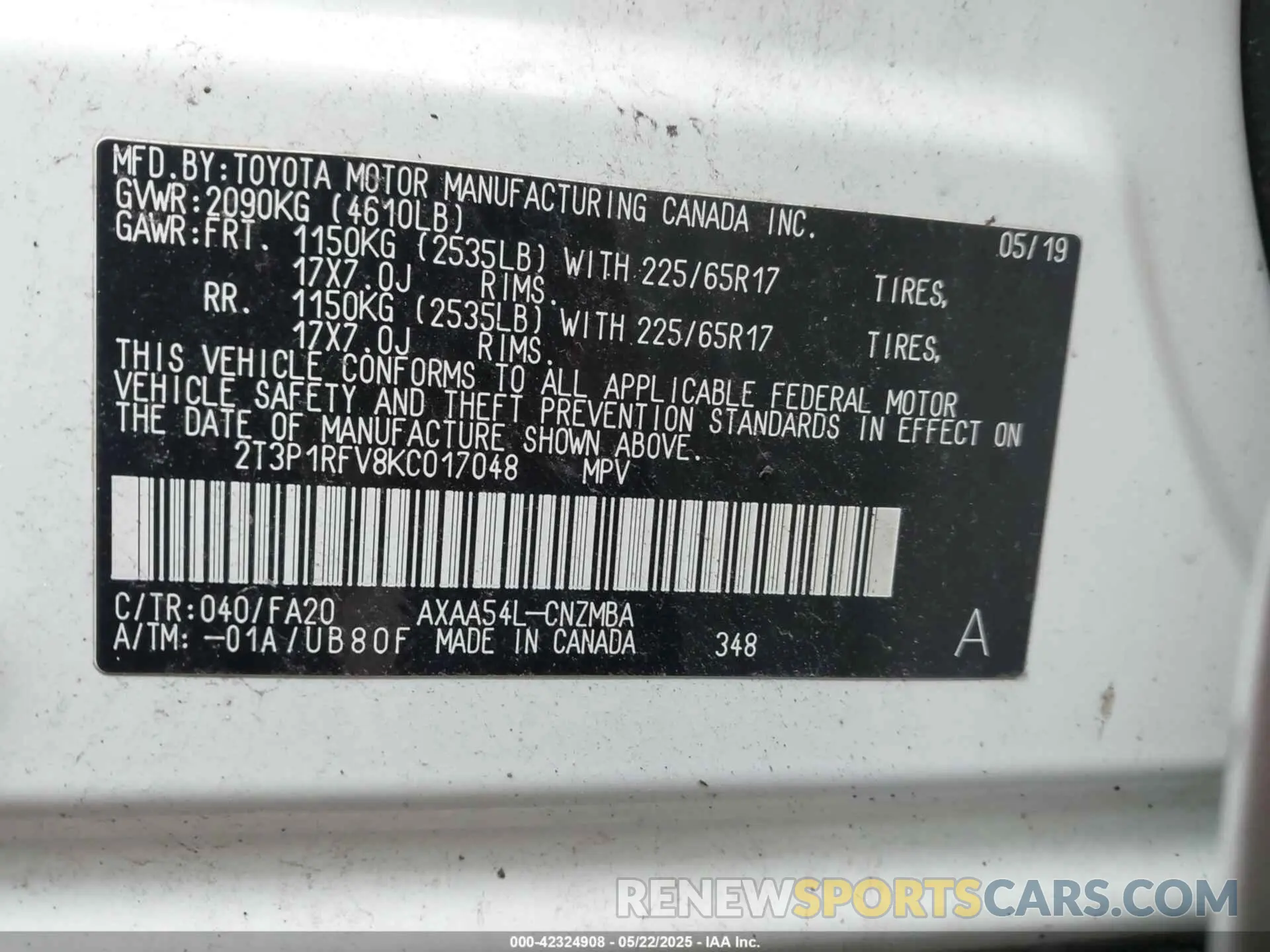 9 Photograph of a damaged car 2T3P1RFV8KC017048 TOYOTA RAV4 2019