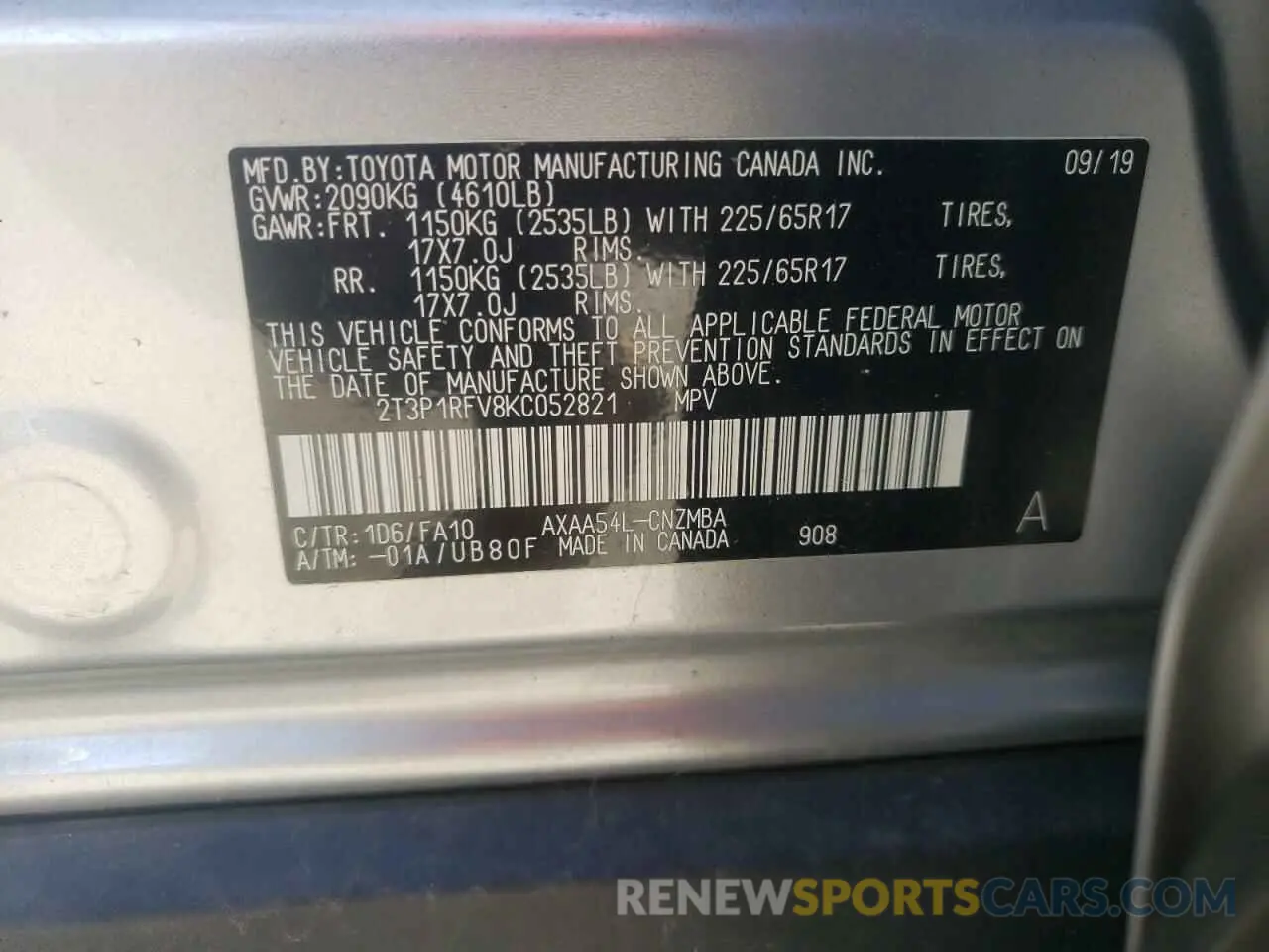 12 Photograph of a damaged car 2T3P1RFV8KC052821 TOYOTA RAV4 2019