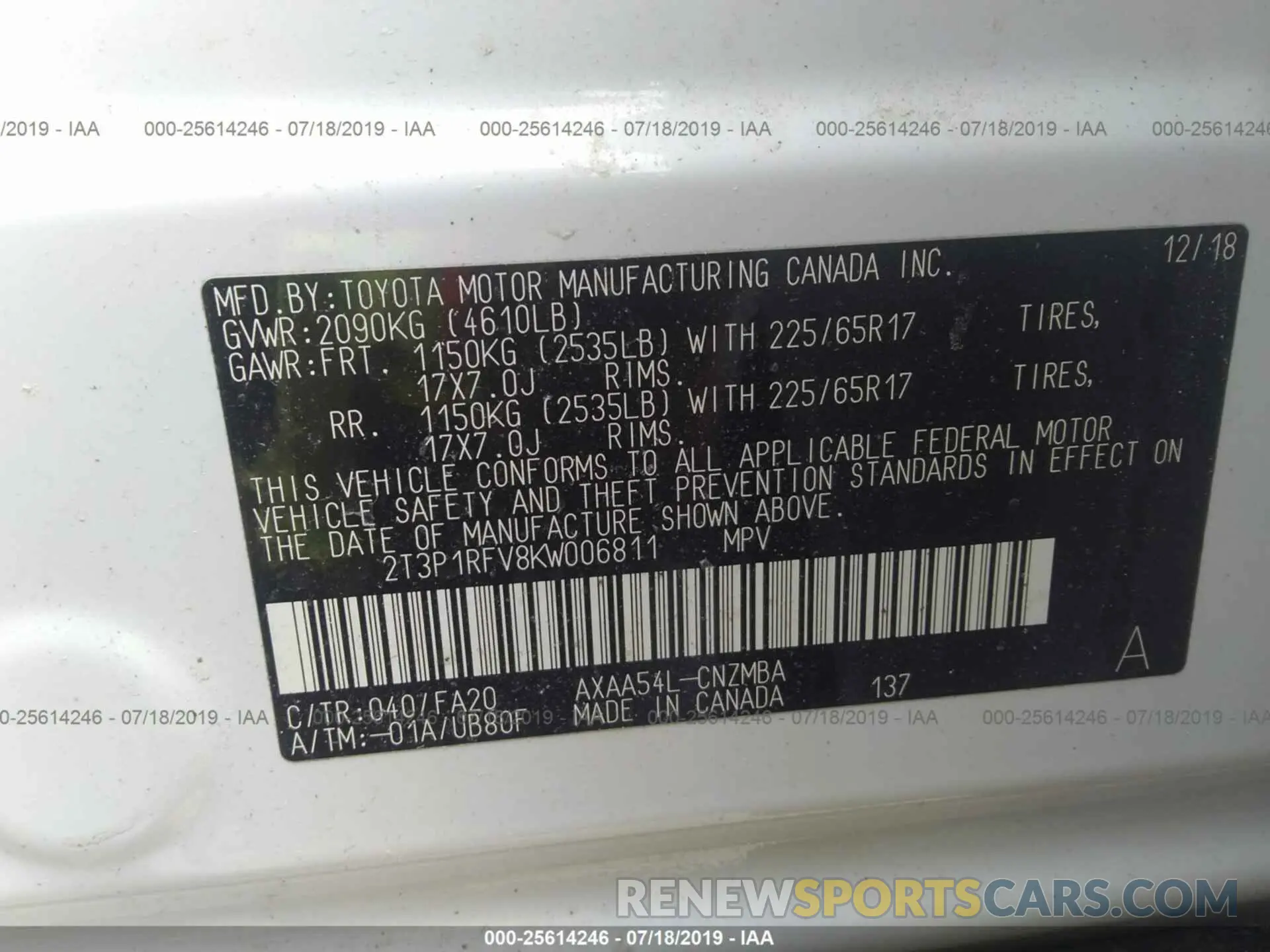 9 Photograph of a damaged car 2T3P1RFV8KW006811 TOYOTA RAV4 2019