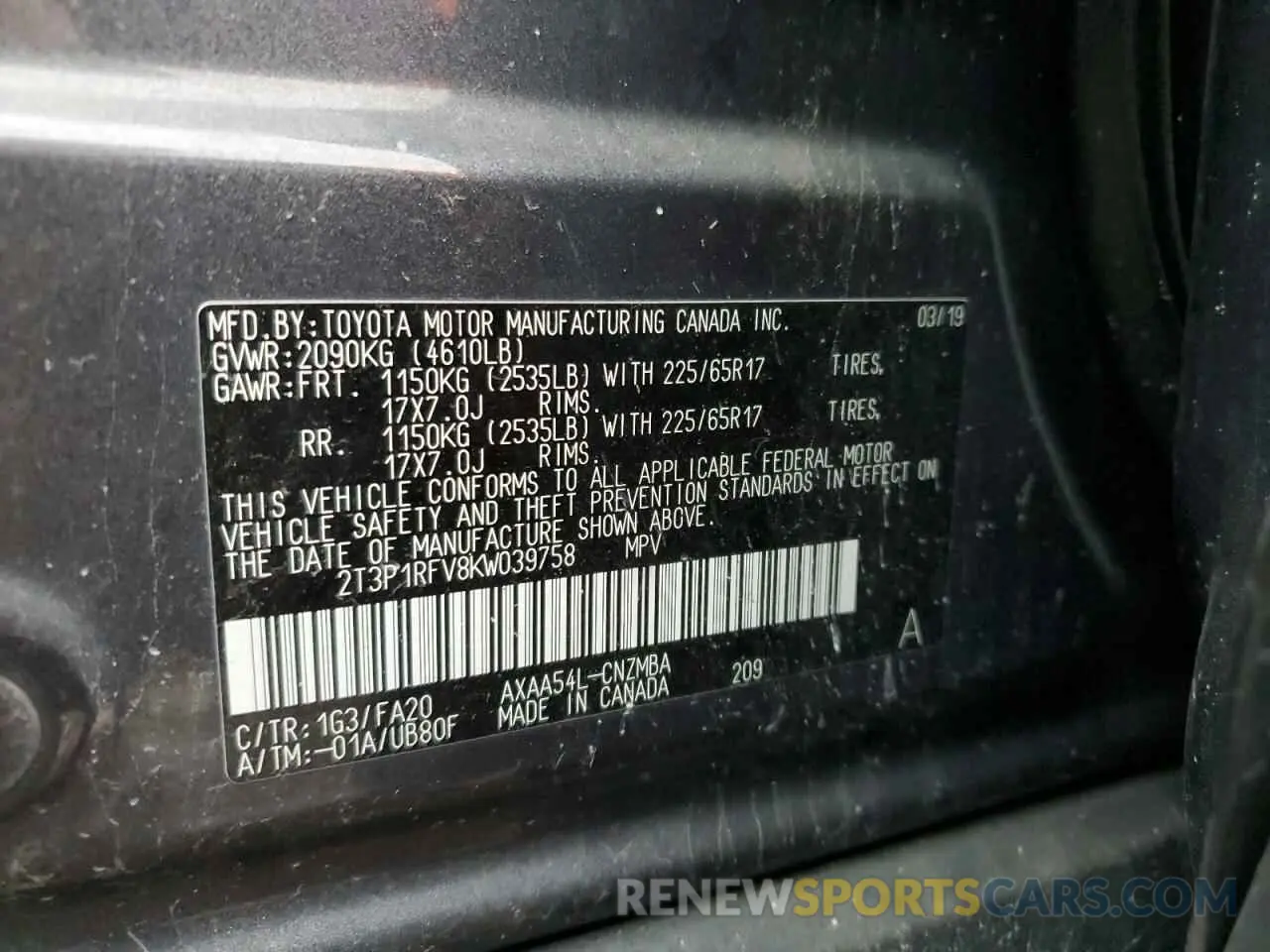 13 Photograph of a damaged car 2T3P1RFV8KW039758 TOYOTA RAV4 2019