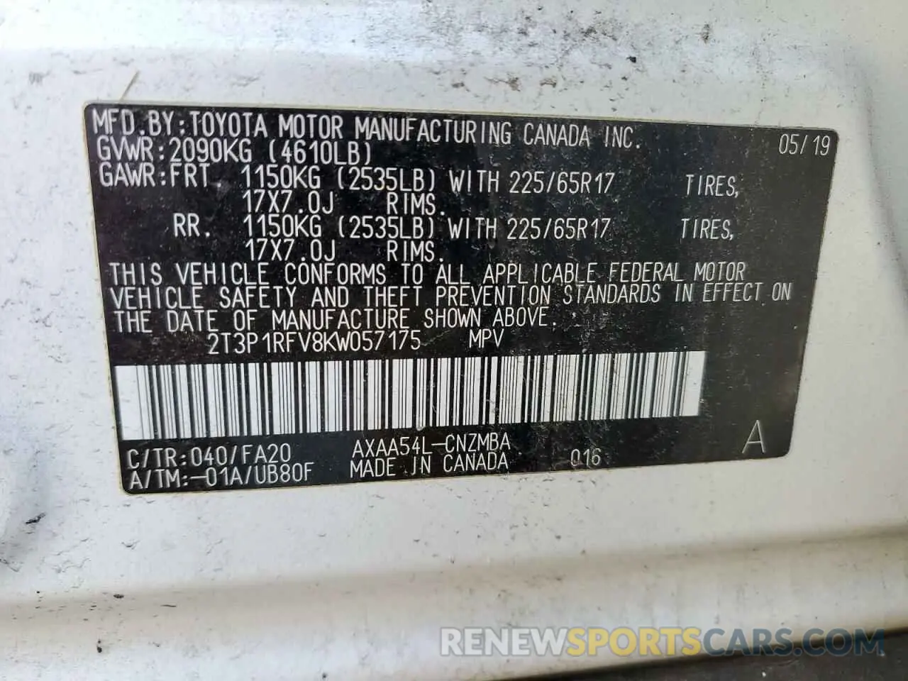 13 Photograph of a damaged car 2T3P1RFV8KW057175 TOYOTA RAV4 2019