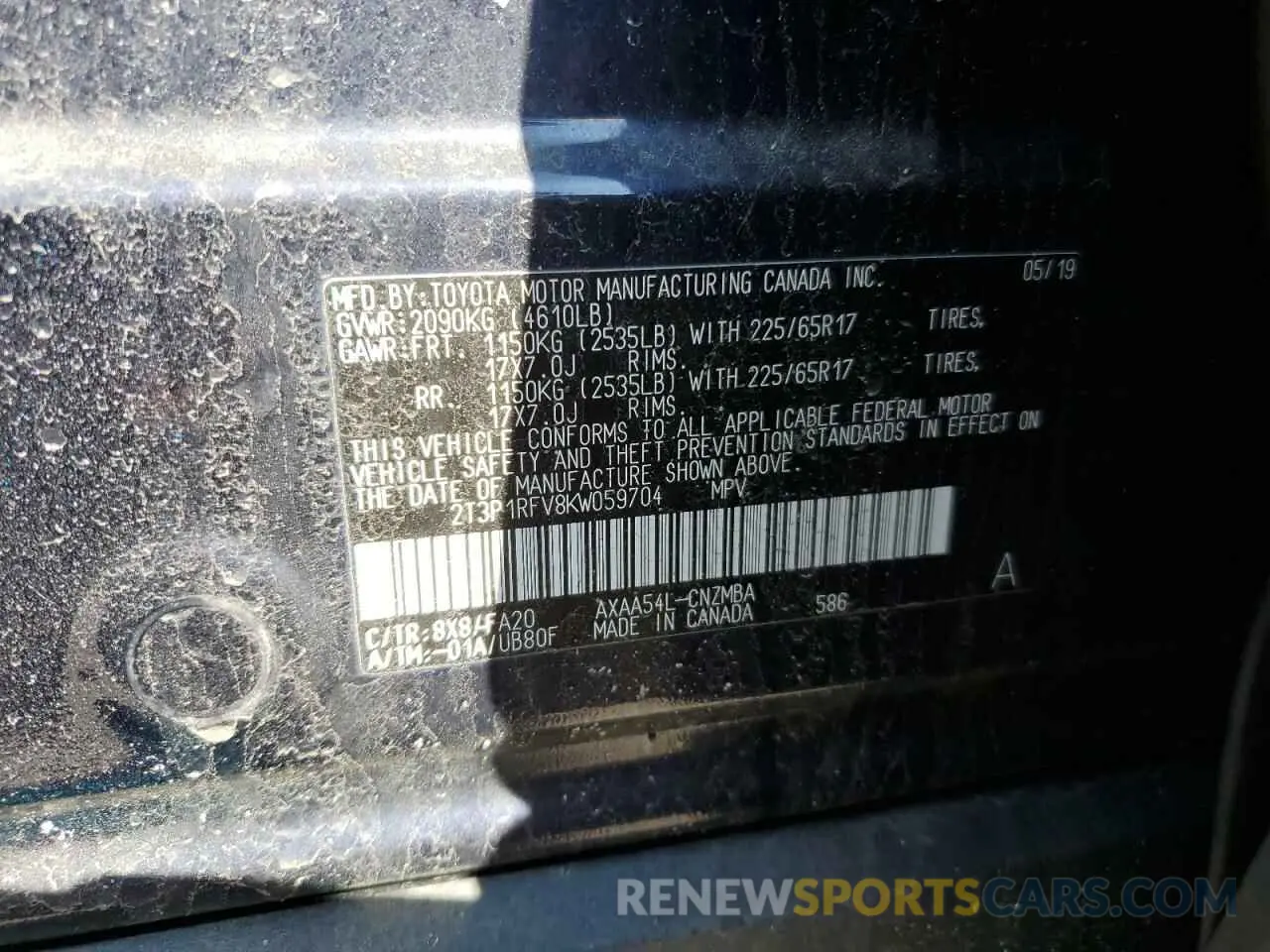 13 Photograph of a damaged car 2T3P1RFV8KW059704 TOYOTA RAV4 2019