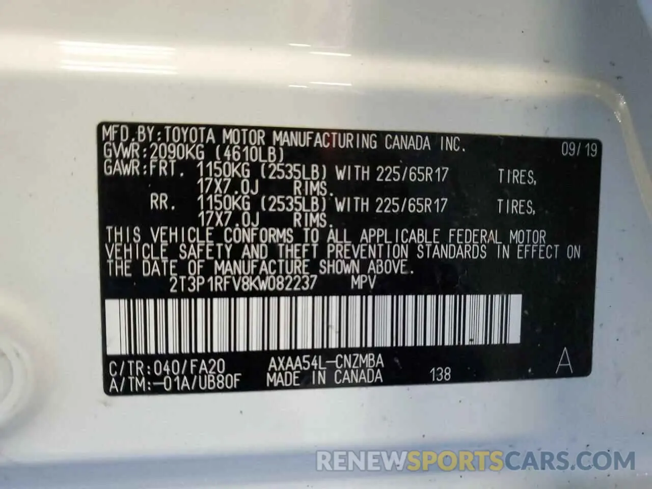 13 Photograph of a damaged car 2T3P1RFV8KW082237 TOYOTA RAV4 2019