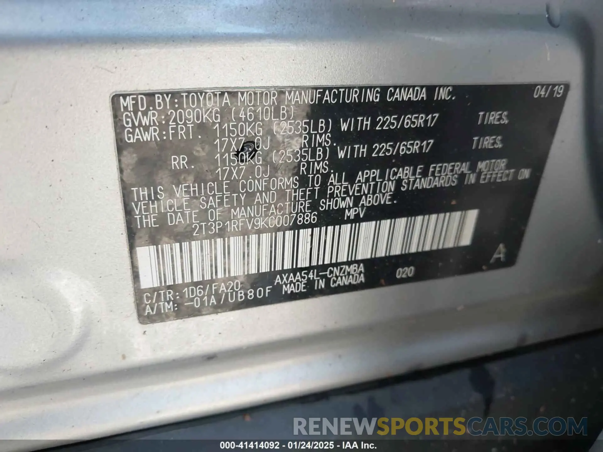 9 Photograph of a damaged car 2T3P1RFV9KC007886 TOYOTA RAV4 2019