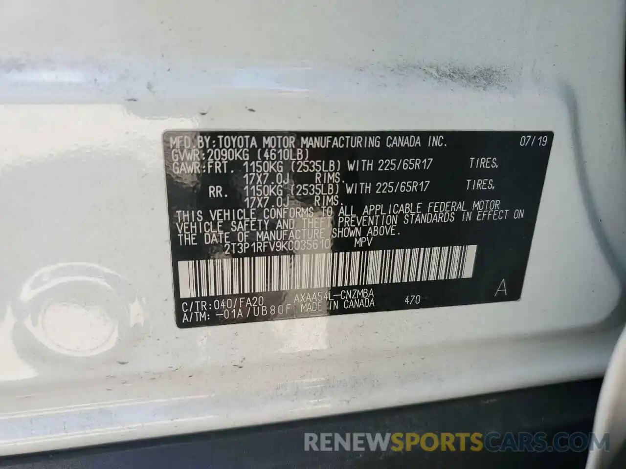 10 Photograph of a damaged car 2T3P1RFV9KC035610 TOYOTA RAV4 2019