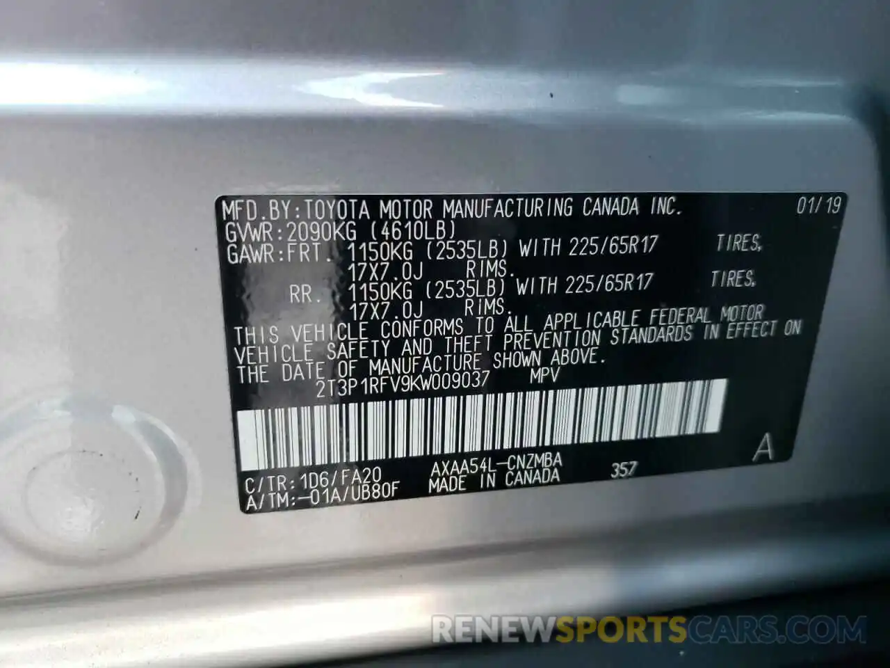 13 Photograph of a damaged car 2T3P1RFV9KW009037 TOYOTA RAV4 2019