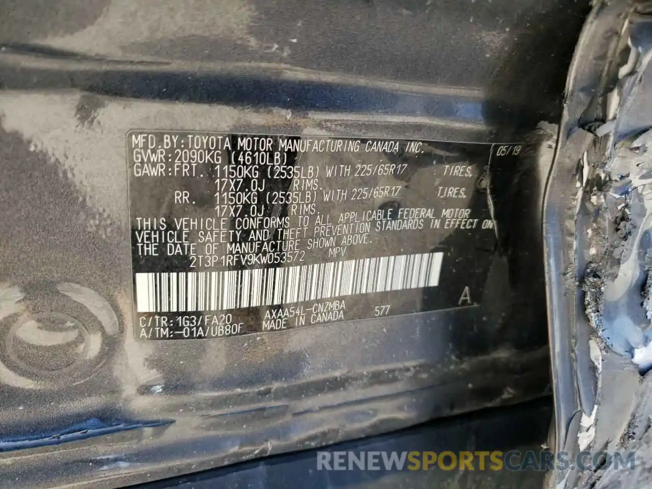 10 Photograph of a damaged car 2T3P1RFV9KW053572 TOYOTA RAV4 2019