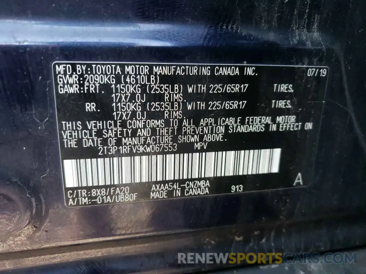 10 Photograph of a damaged car 2T3P1RFV9KW067553 TOYOTA RAV4 2019