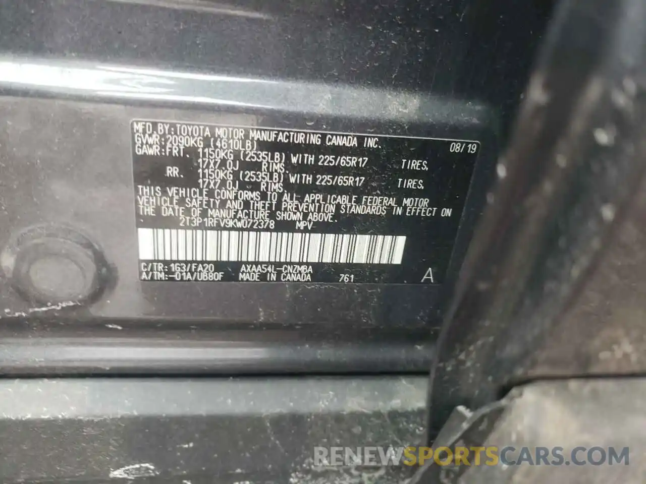 10 Photograph of a damaged car 2T3P1RFV9KW072378 TOYOTA RAV4 2019