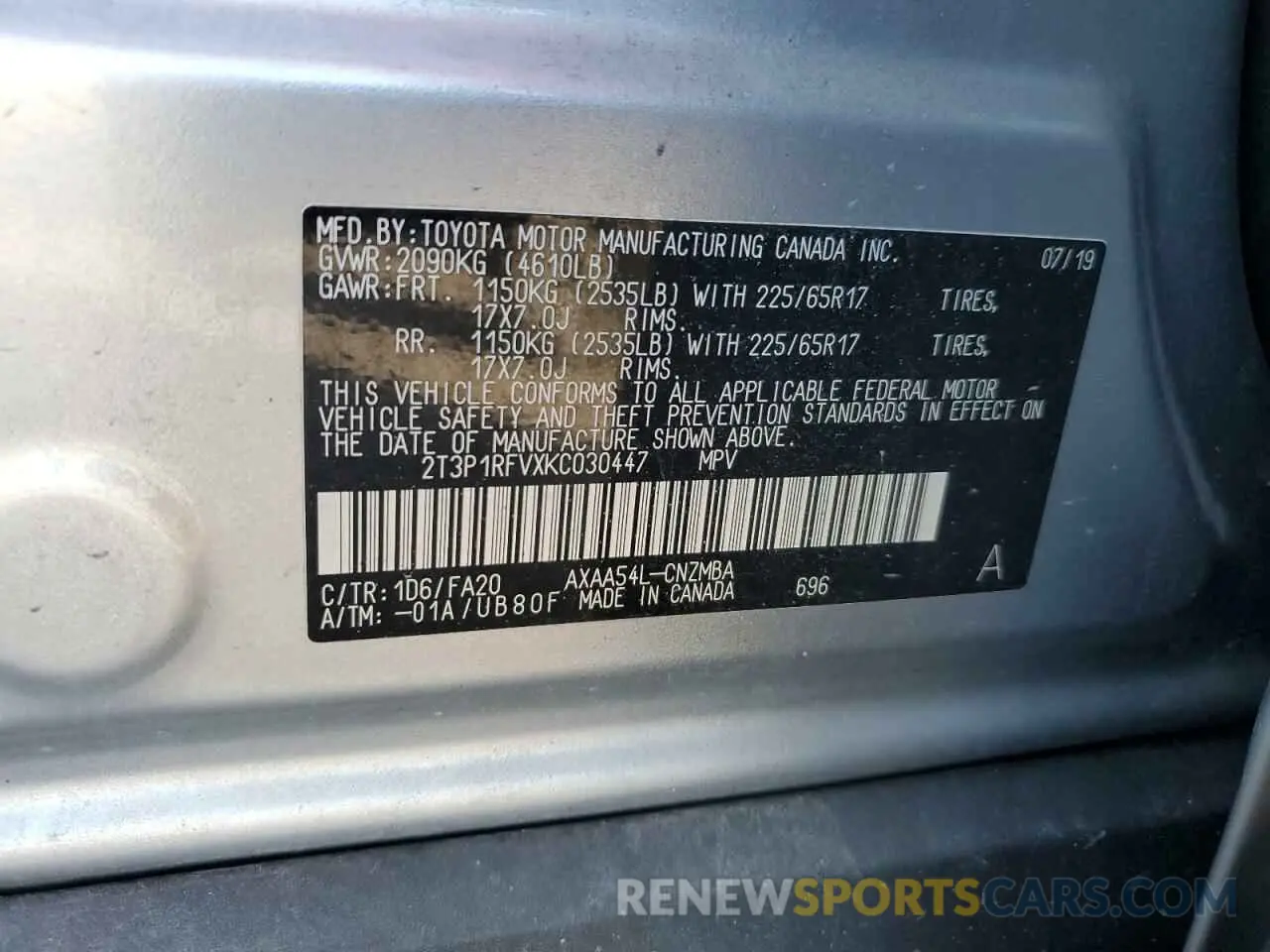 13 Photograph of a damaged car 2T3P1RFVXKC030447 TOYOTA RAV4 2019
