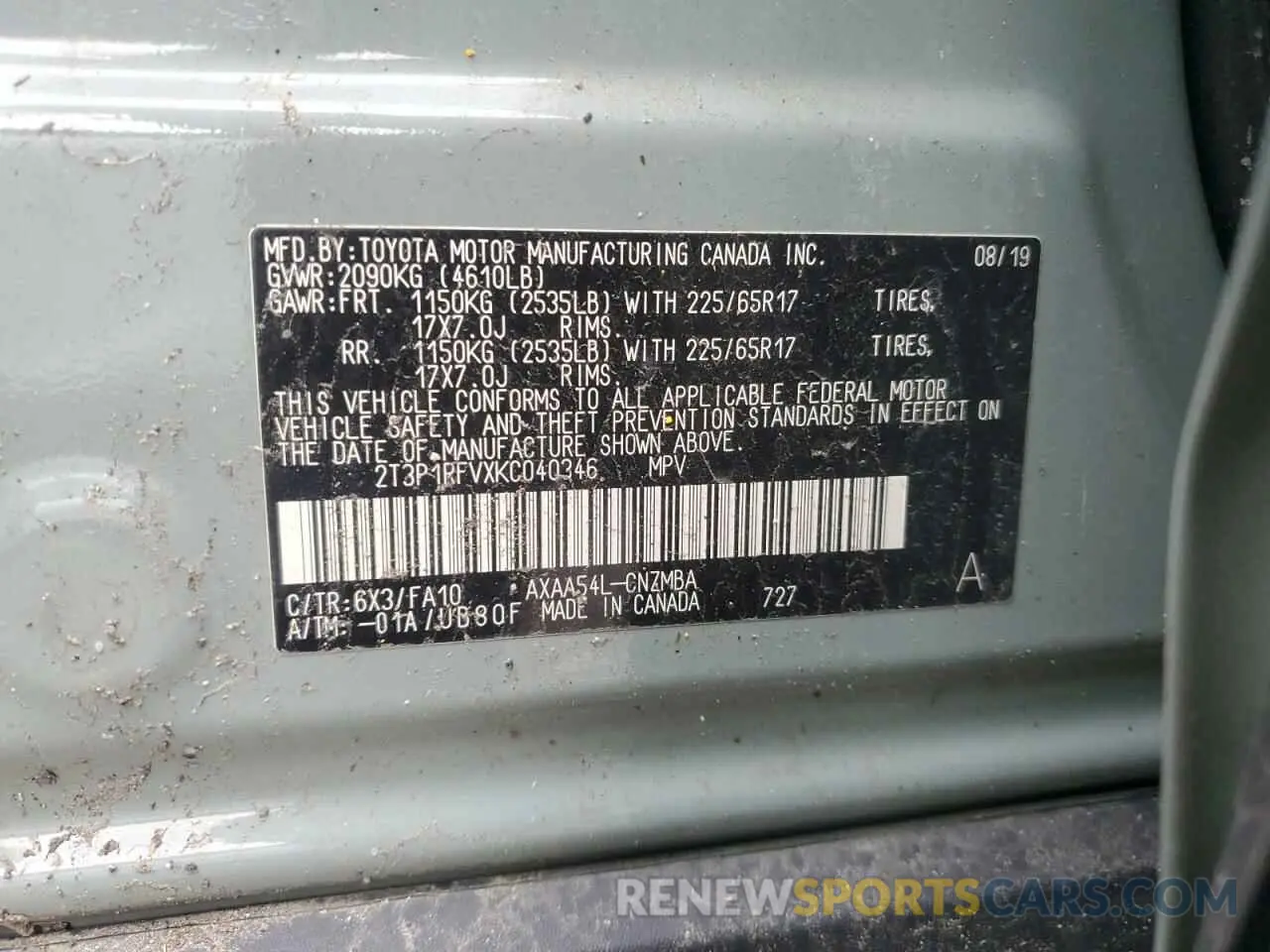 13 Photograph of a damaged car 2T3P1RFVXKC040346 TOYOTA RAV4 2019
