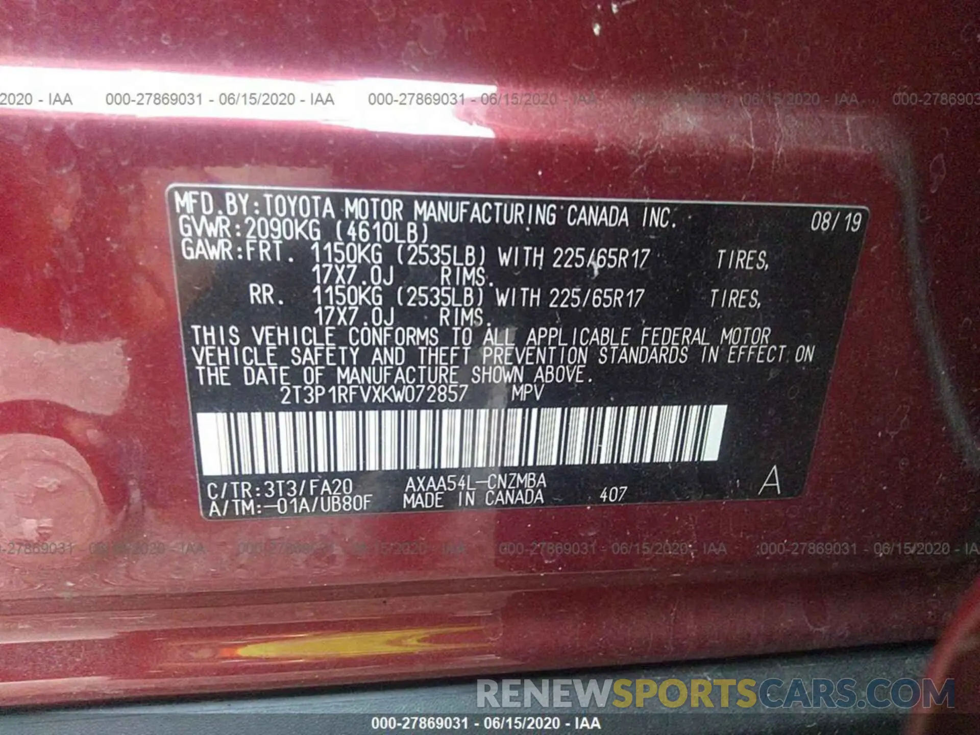 9 Photograph of a damaged car 2T3P1RFVXKW072857 TOYOTA RAV4 2019