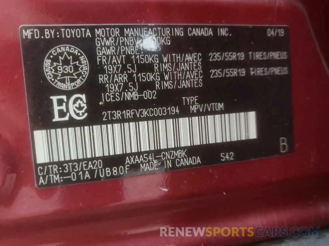 10 Photograph of a damaged car 2T3R1RFV3KC003194 TOYOTA RAV4 2019