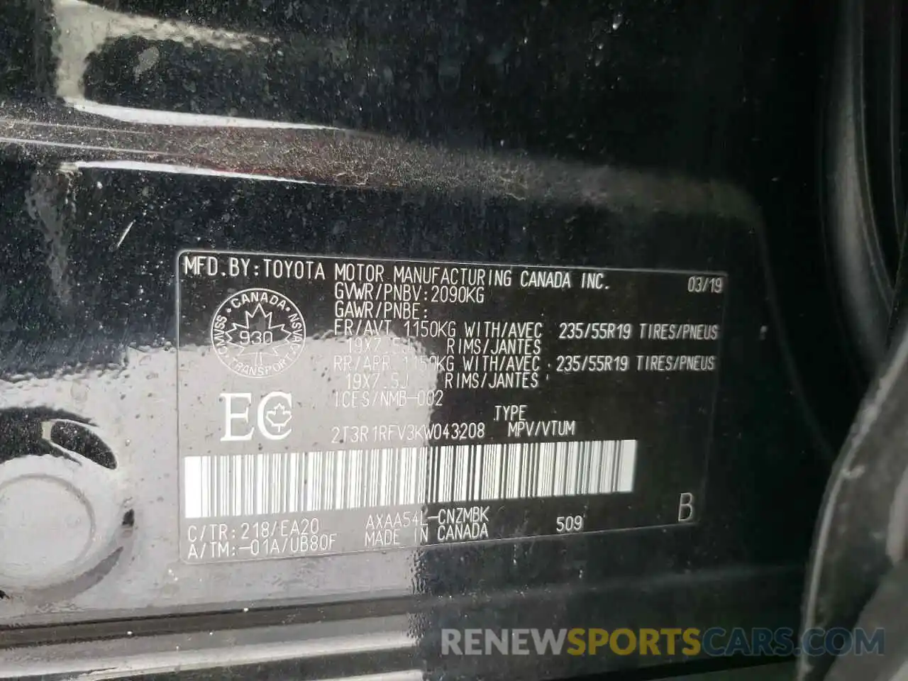 10 Photograph of a damaged car 2T3R1RFV3KW043208 TOYOTA RAV4 2019