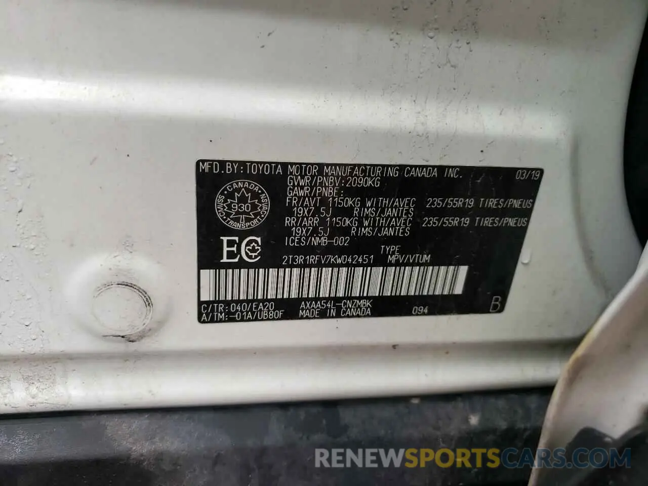 13 Photograph of a damaged car 2T3R1RFV7KW042451 TOYOTA RAV4 2019