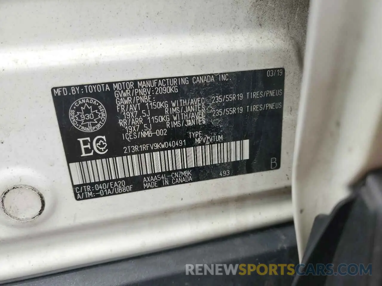 14 Photograph of a damaged car 2T3R1RFV9KW040491 TOYOTA RAV4 2019