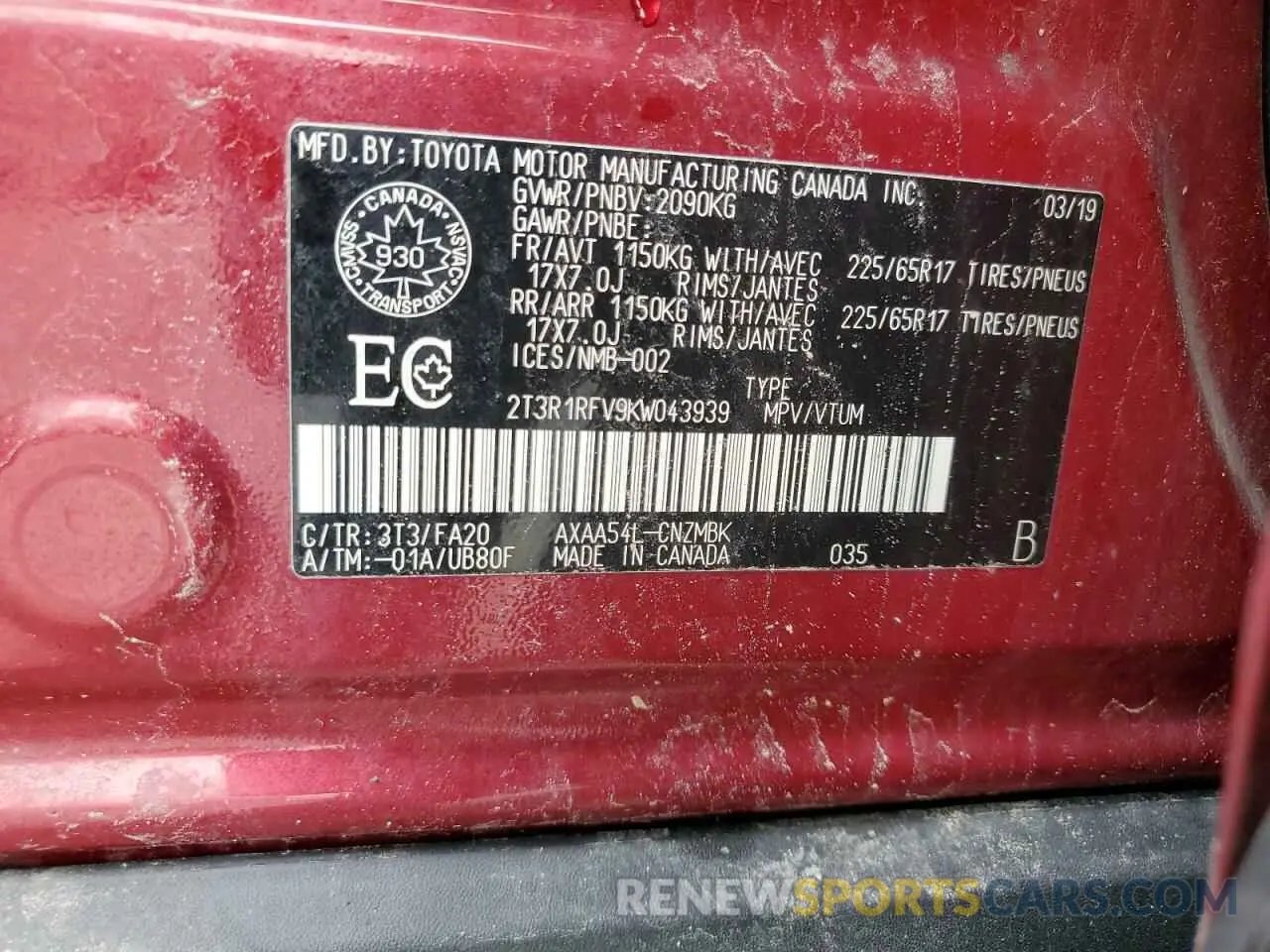 14 Photograph of a damaged car 2T3R1RFV9KW043939 TOYOTA RAV4 2019