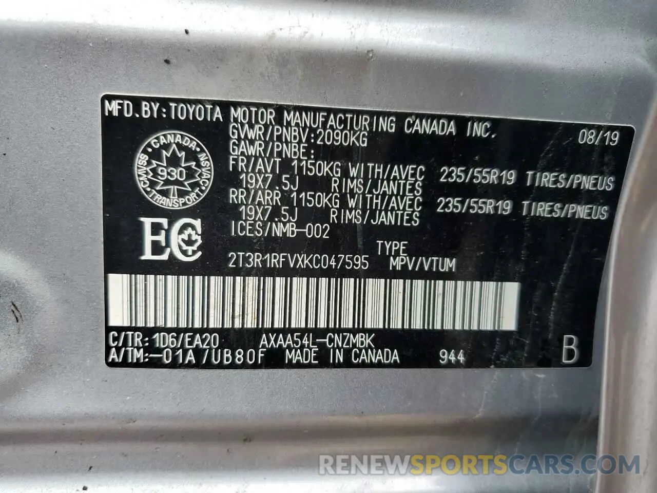 13 Photograph of a damaged car 2T3R1RFVXKC047595 TOYOTA RAV4 2019