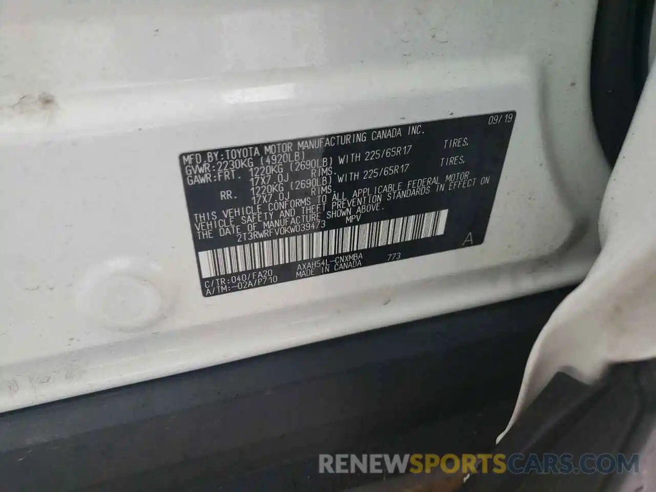 10 Photograph of a damaged car 2T3RWRFV0KW039473 TOYOTA RAV4 2019