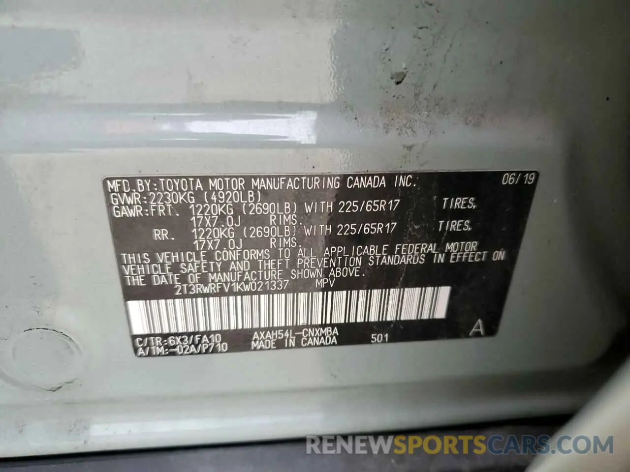 13 Photograph of a damaged car 2T3RWRFV1KW021337 TOYOTA RAV4 2019