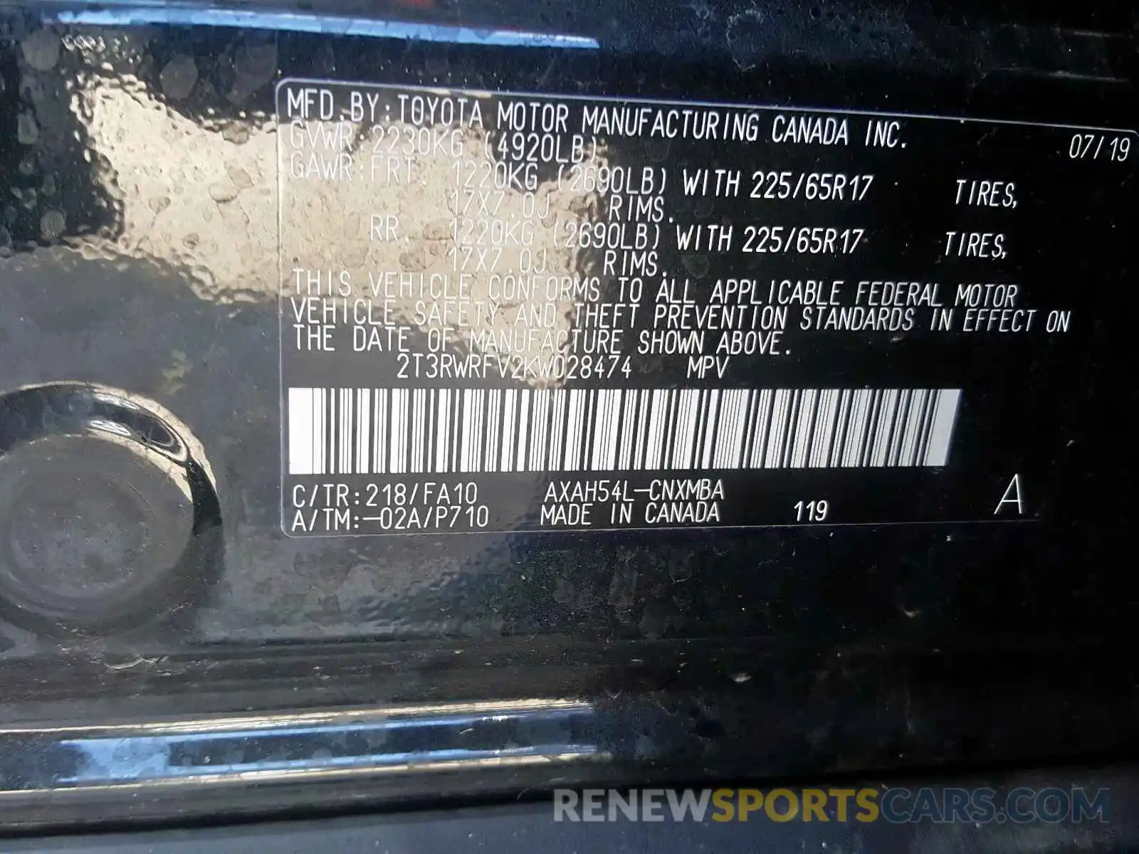 10 Photograph of a damaged car 2T3RWRFV2KW028474 TOYOTA RAV4 2019