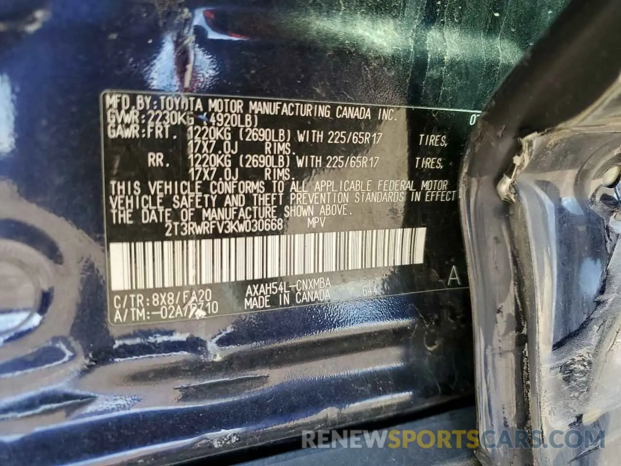 13 Photograph of a damaged car 2T3RWRFV3KW030668 TOYOTA RAV4 2019