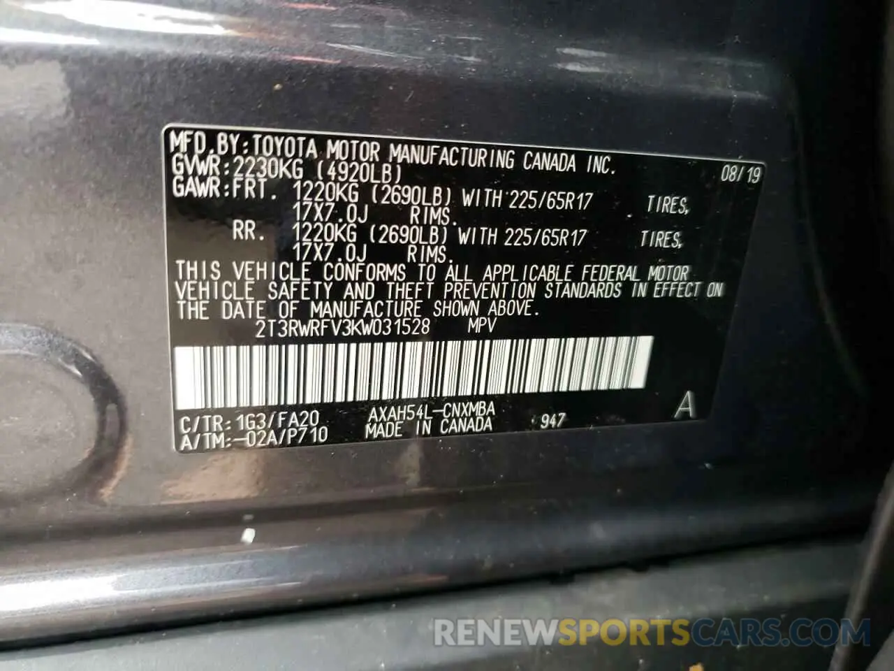 10 Photograph of a damaged car 2T3RWRFV3KW031528 TOYOTA RAV4 2019