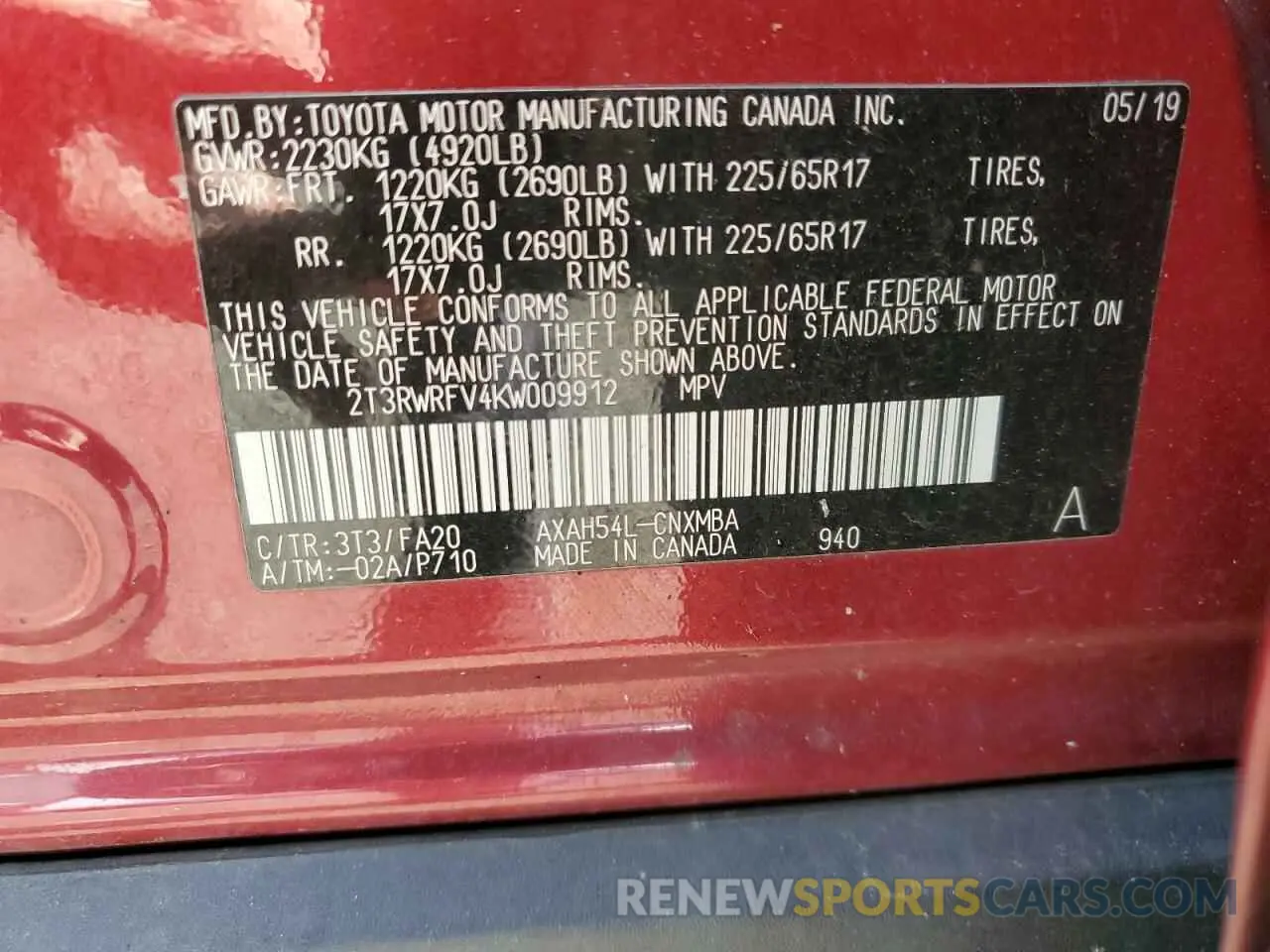 13 Photograph of a damaged car 2T3RWRFV4KW009912 TOYOTA RAV4 2019