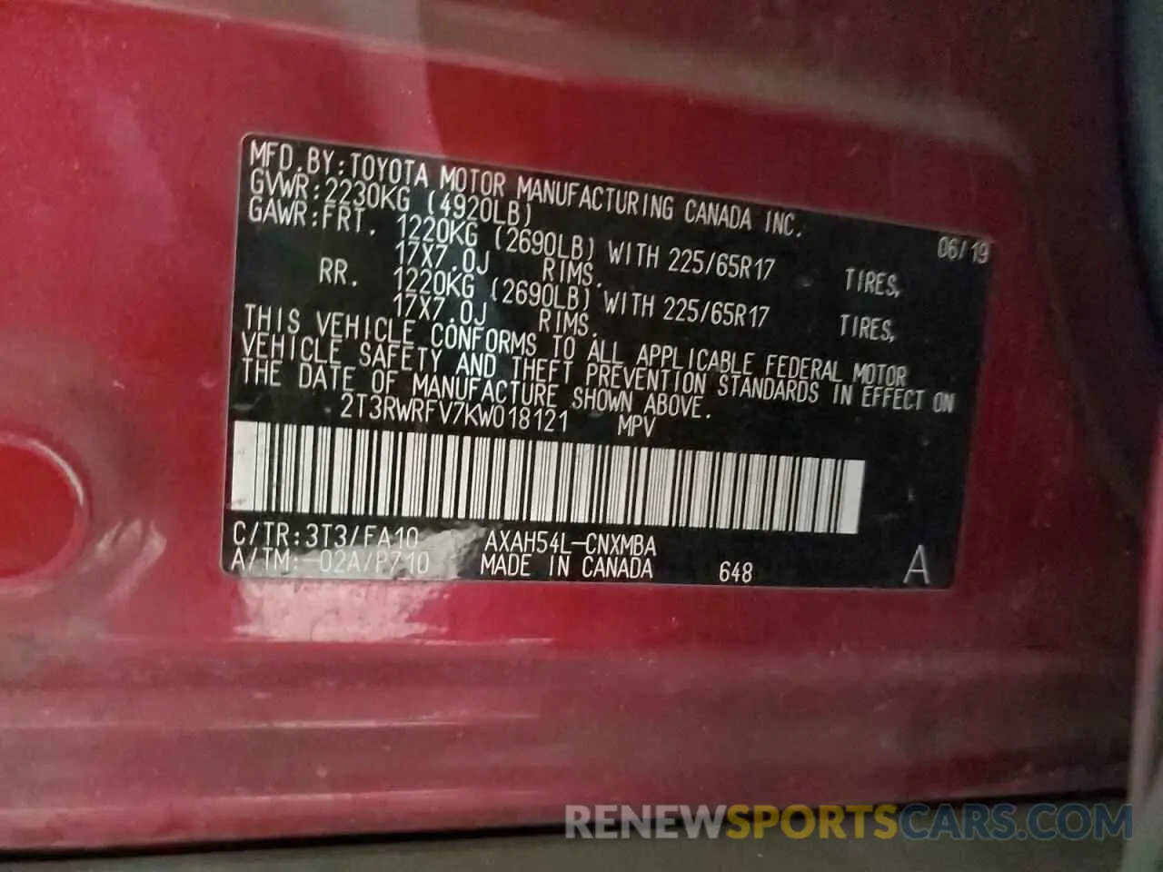 13 Photograph of a damaged car 2T3RWRFV7KW018121 TOYOTA RAV4 2019