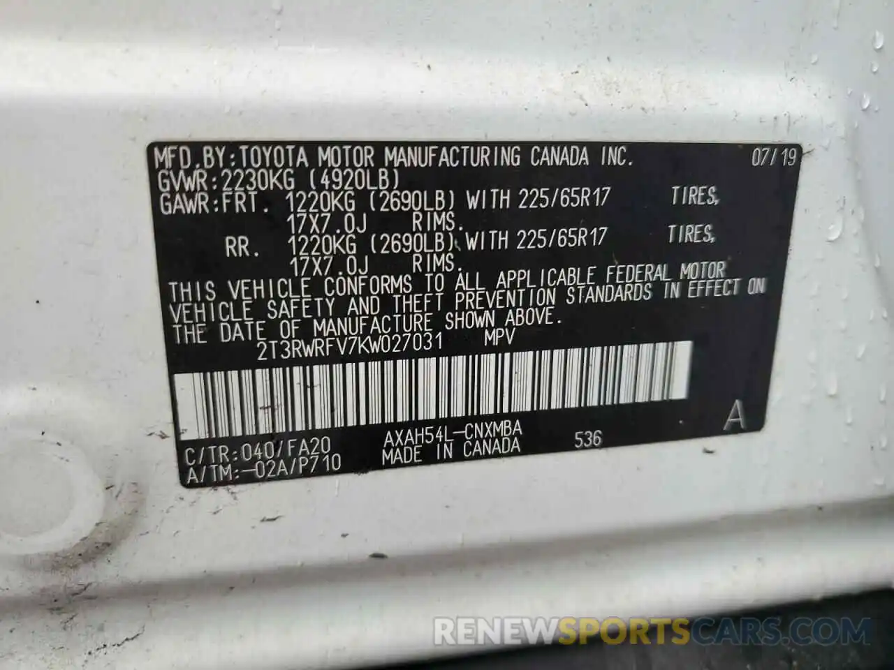 13 Photograph of a damaged car 2T3RWRFV7KW027031 TOYOTA RAV4 2019