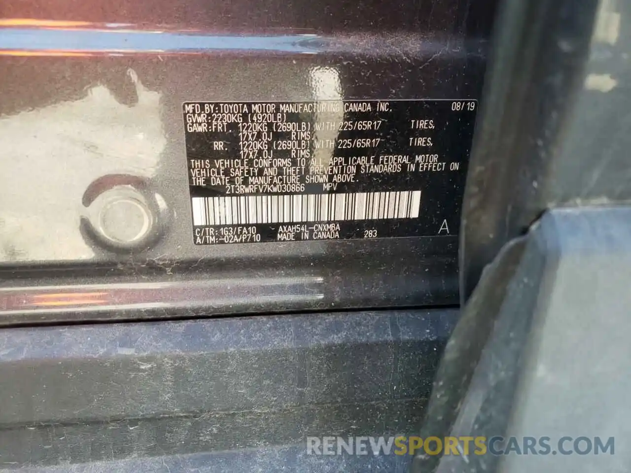 10 Photograph of a damaged car 2T3RWRFV7KW030866 TOYOTA RAV4 2019