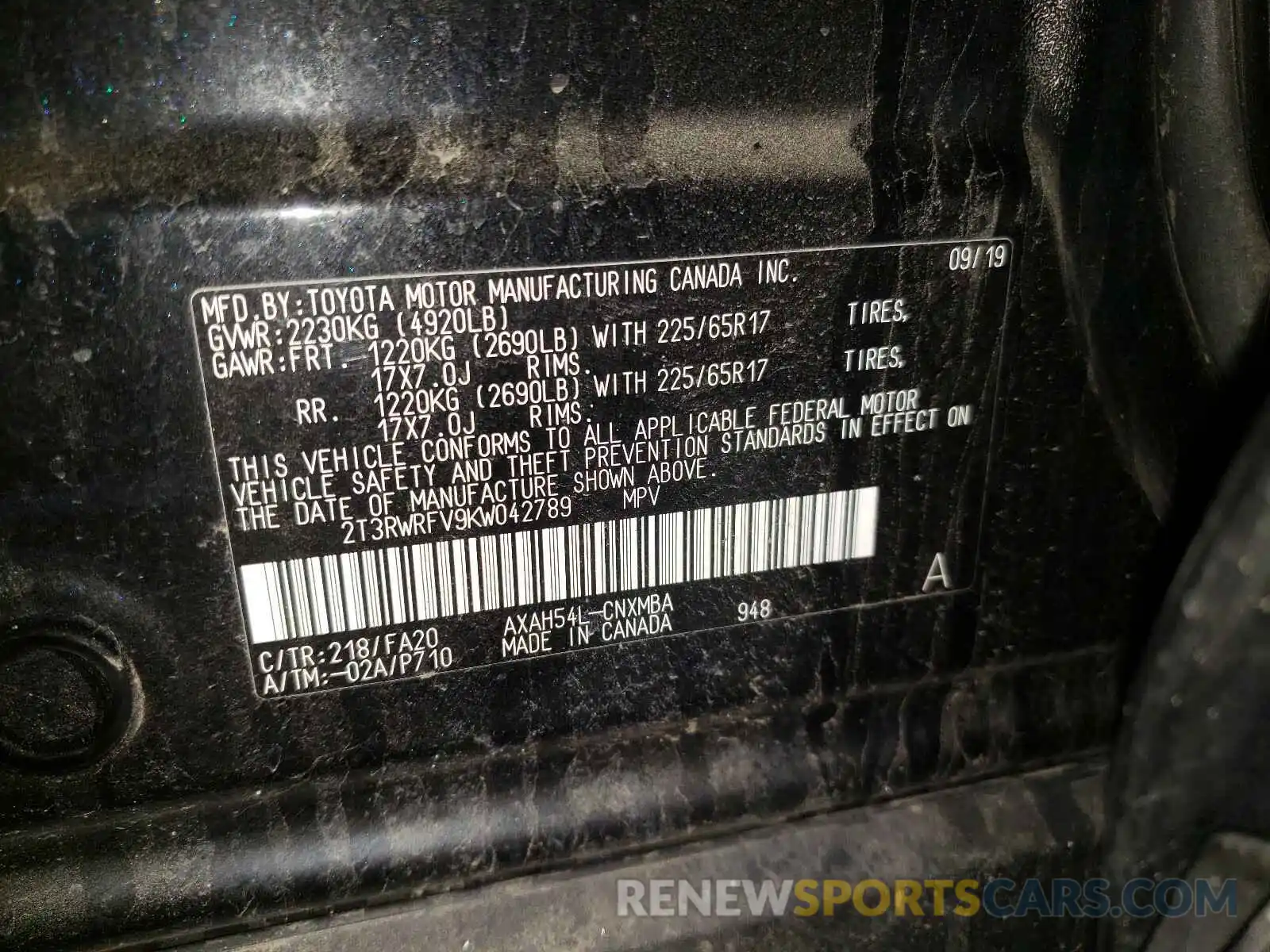 10 Photograph of a damaged car 2T3RWRFV9KW042789 TOYOTA RAV4 2019