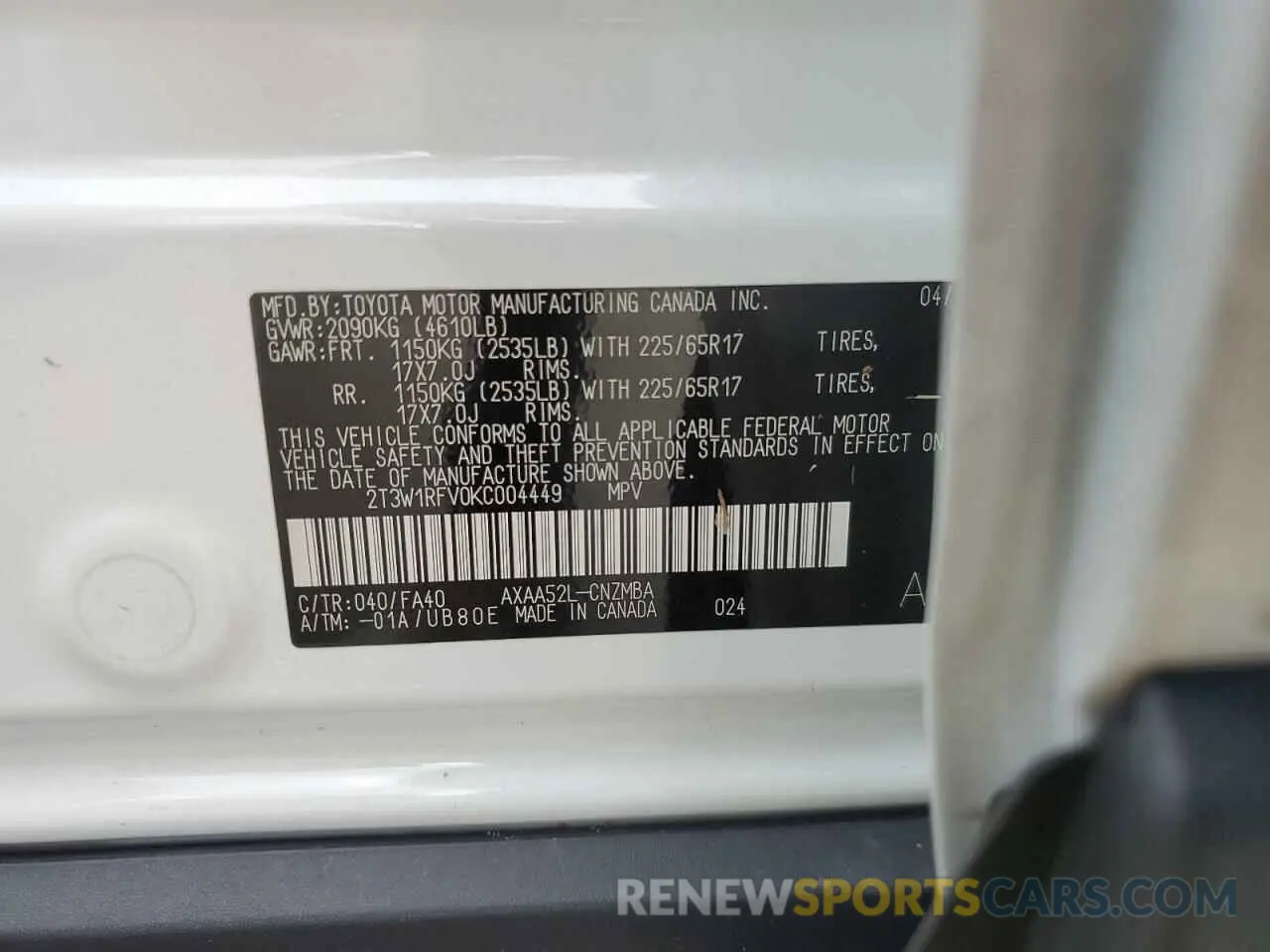 10 Photograph of a damaged car 2T3W1RFV0KC004449 TOYOTA RAV4 2019