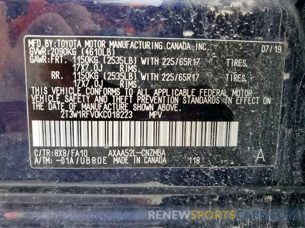 13 Photograph of a damaged car 2T3W1RFV0KC018223 TOYOTA RAV4 2019