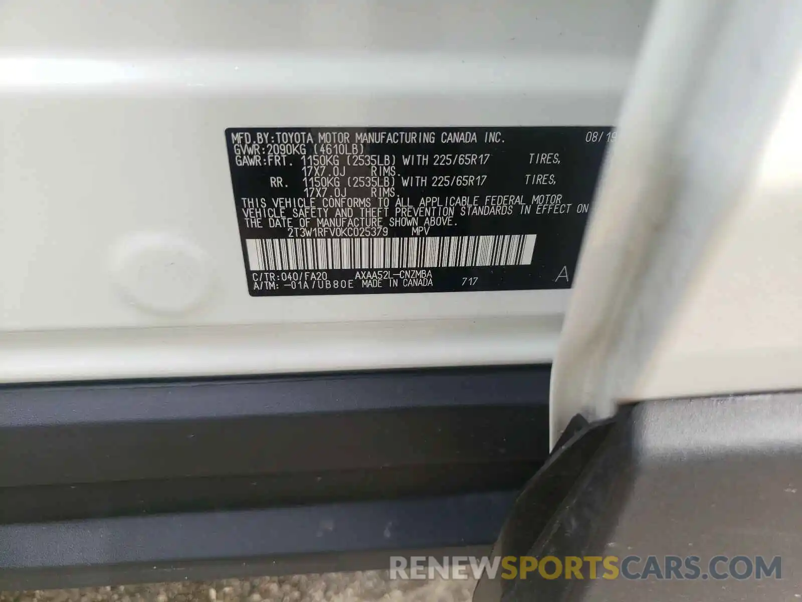 10 Photograph of a damaged car 2T3W1RFV0KC025379 TOYOTA RAV4 2019