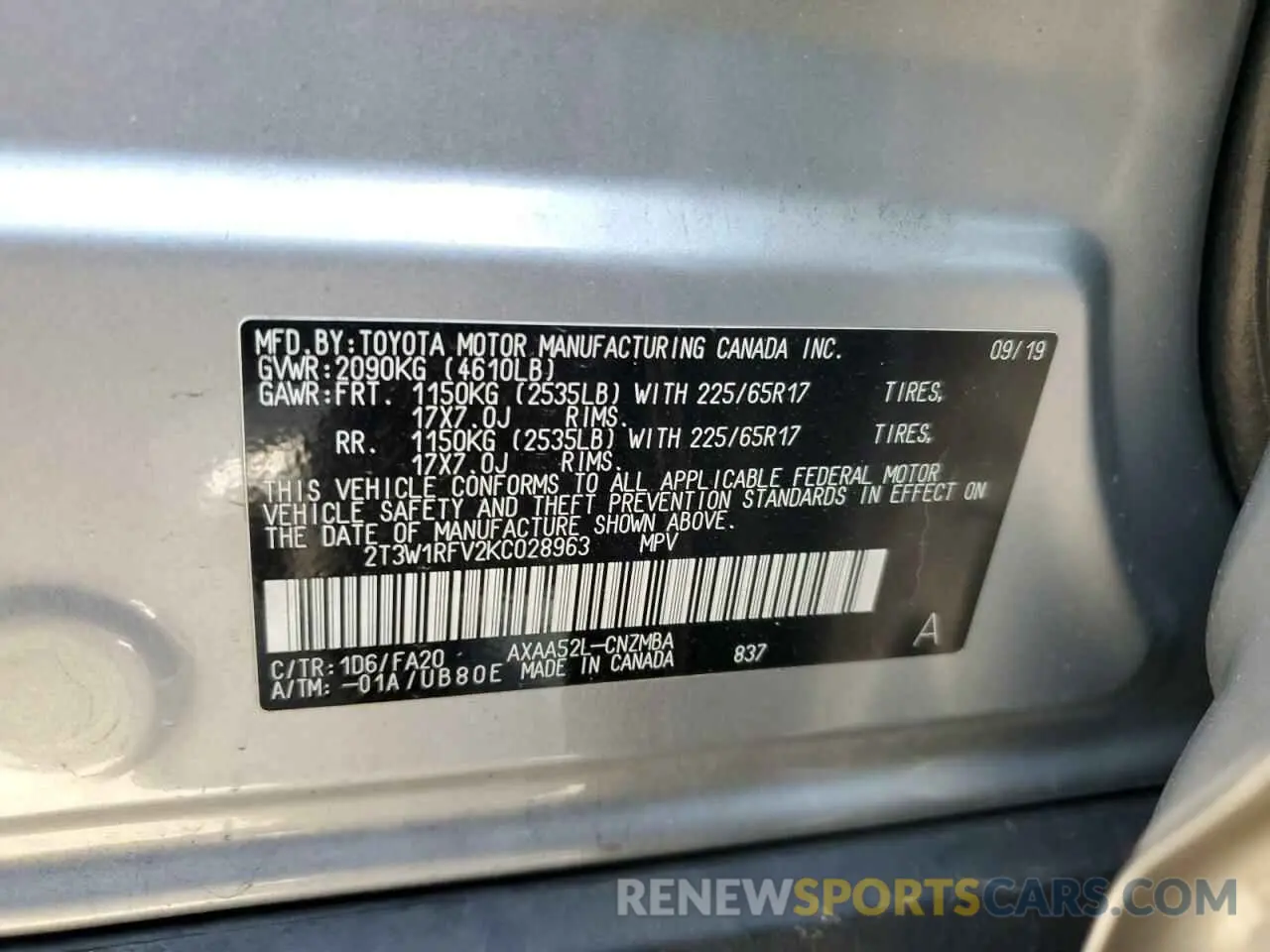12 Photograph of a damaged car 2T3W1RFV2KC028963 TOYOTA RAV4 2019