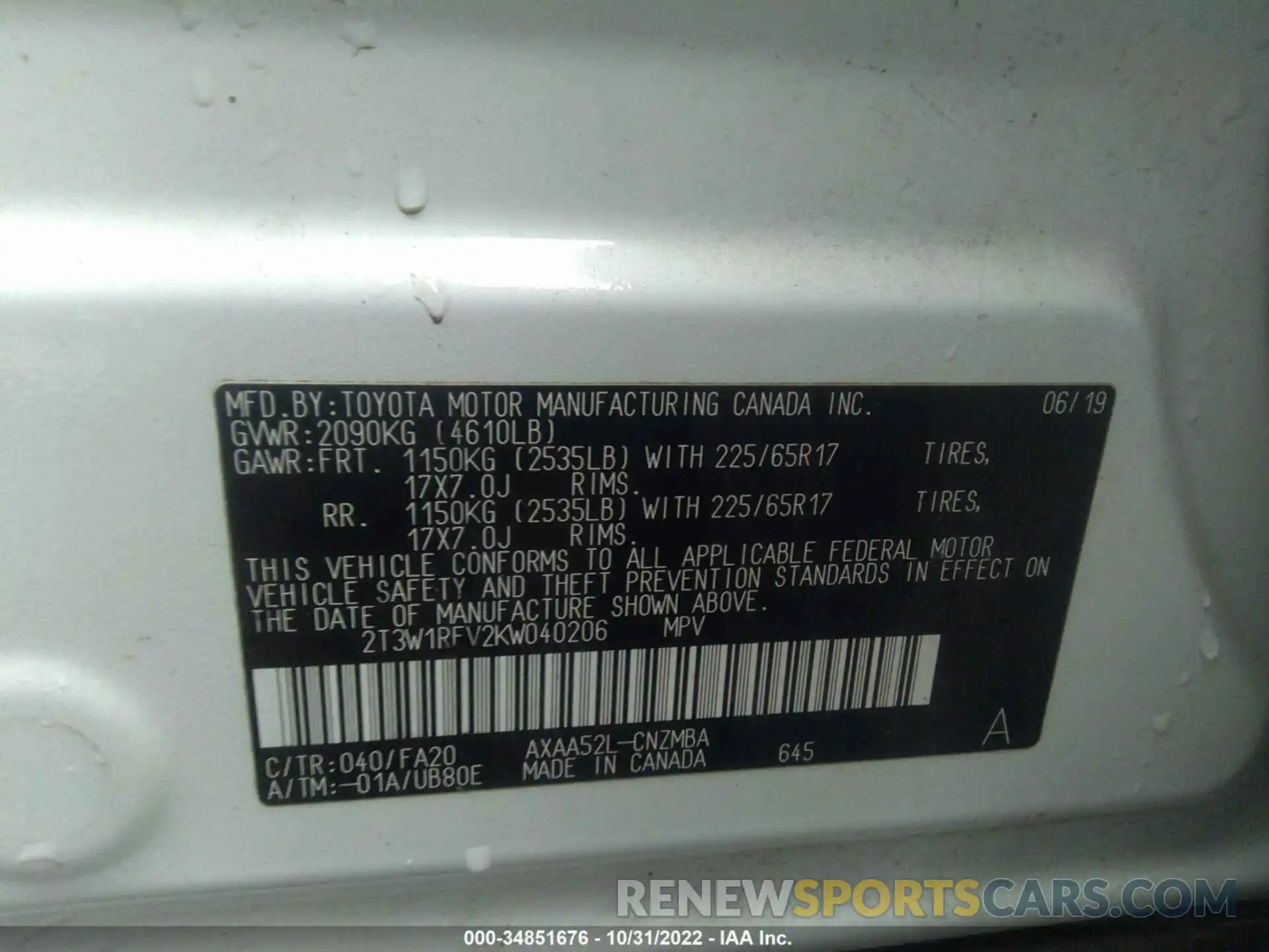 9 Photograph of a damaged car 2T3W1RFV2KW040206 TOYOTA RAV4 2019